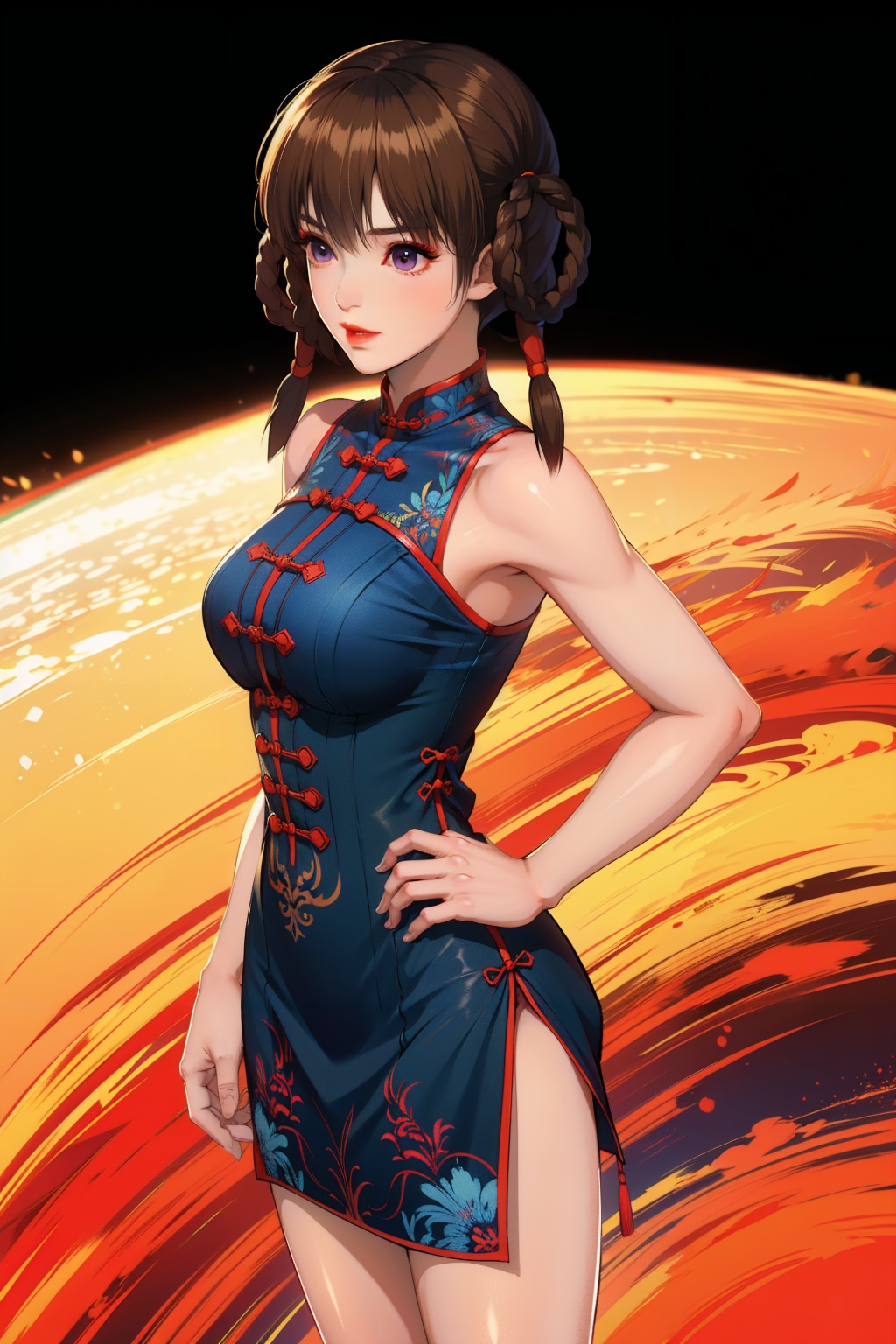 1girl,(solo:1.1),((masterpiece,high quality,best quality,8k,wallpaper,fine lineart,highly detailed,absurdres)),model,thin,cheongsam,china_dress,(pantyhose:1.1),large breasts,Bustling city,standing,hands on hips,front view,(dutch angle:1.1),(fisheye:1.2),cowboy shot,pretty hands,perfect hands,leifang,Best quality,masterpiece,ultra high res,<lora:leifang2rface-000005:0.7>,purple eyes,