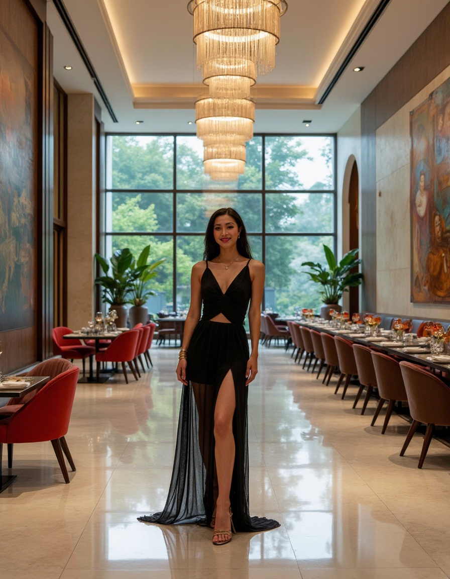 This is a  beautiful photograph of a black hair woman,full body, smirk, Hotel interior space,modern luxury design,high ceilings,marble flooring,large windows,abundant natural light,elegant chandeliers,combination of contemporary and classic furniture,wall murals with traditional art,spacious dining area with long tables,arrangement of potted plants,neutral color palette with accents of green and red,sophisticated and inviting atmosphere,symmetry in layout,view of glass exterior wall showcasing greenery outside,balanced composition with central perspective,inviting and upscale ambiance.,