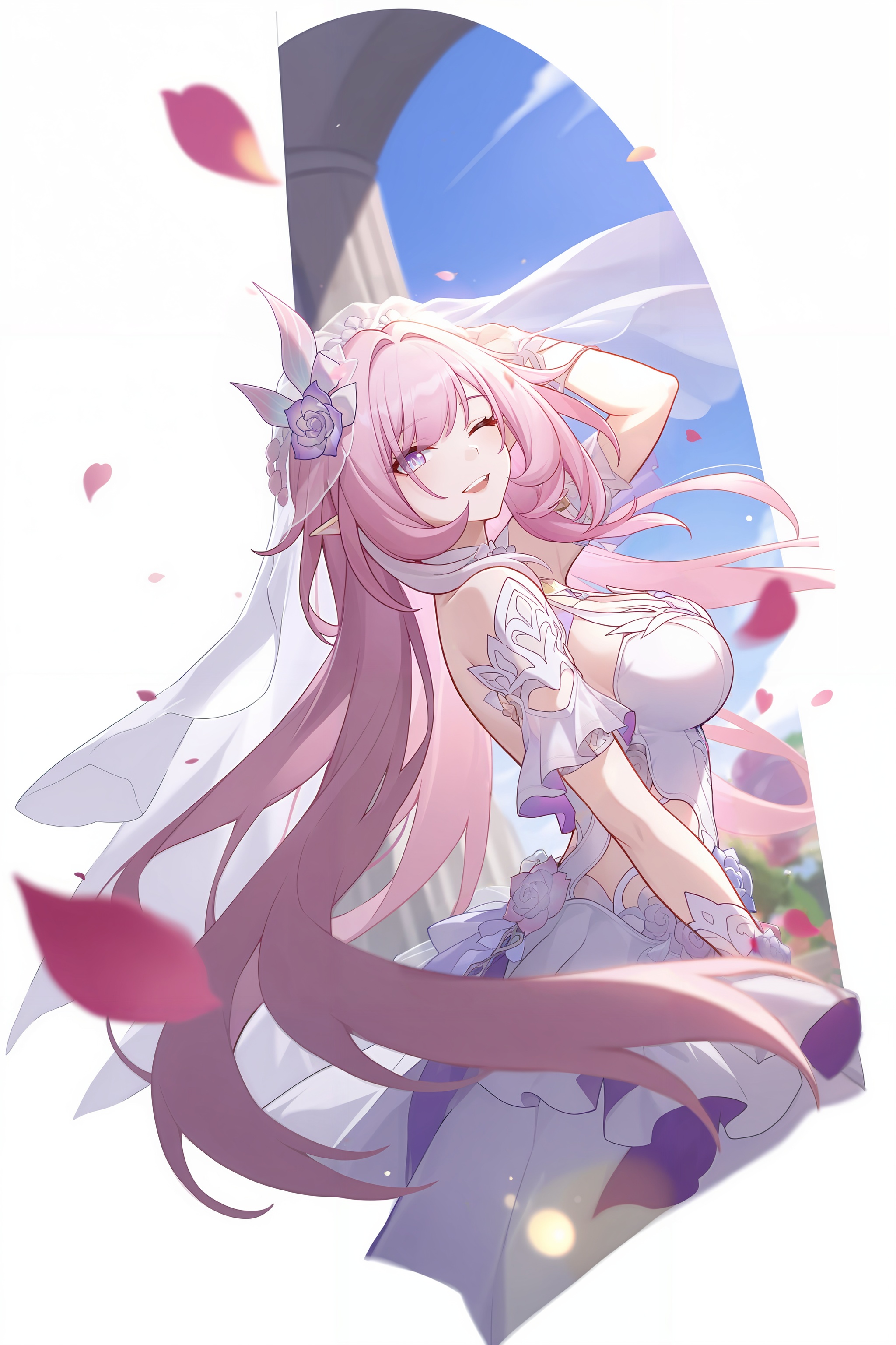 <lora:大昔涟:0.8>,xilian,1girl,long hair,pink hair,hair ornament,pointy ears,pink eyes,very long hair,elf,purple eyes,elysia \(honkai impact\),xilian,1girl,pink hair,solo,long hair,veil,breasts,smile,one eye closed,white dress,open mouth,dress,looking at viewer,petals,teeth,purple eyes,pointy ears,sky,blue sky,upper body,bridal veil,wedding dress,large breasts,pink eyes,depth of field,masterpiece,best quality,very aesthetic,alternate costume,alternate costume,2024,2023,perfect composition,ultra-detailed,extreme aesthetic,masterpiece,best quality,good quality,newest,year 2024,year 2023,very aesthetic,absurdres,looking_at_viewer,colorful,<lora:立绘构图ILL:0.3>,lihui,wind,pink wind,(dynamic_angle:1.1),(dutch angle:1.1),close-up,