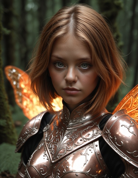 raw photo, fashion photography of cute (ung cute fire fairy), french bob copper hair, silver eyes, in high detailed copper light armor, (reflective, intricated), big detailed fire wings, chromatic aberration, colorful, bright colors, moonlight passing through hair, (enchanted forest background:1.3), (random background), depth of field, Photo realistic, hyper detail, hyper realistic