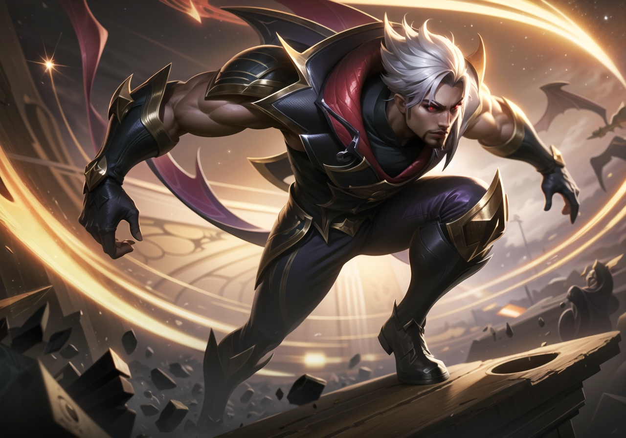 (masterpiece, best quality,top quality),(wide shot:0.95),league of legends,Dynamic angle,solo,1man,handsome face,young,muscular,looking at viewer,dragon_horns,demon_wings,silver hair,black wear,bandaid_on_leg,),red theme,(universe in background:1.2),star_(sky),hyper_galaxy,depth_of_field,particle effects,<lora:【moba】lol淘宝款:0.8>,