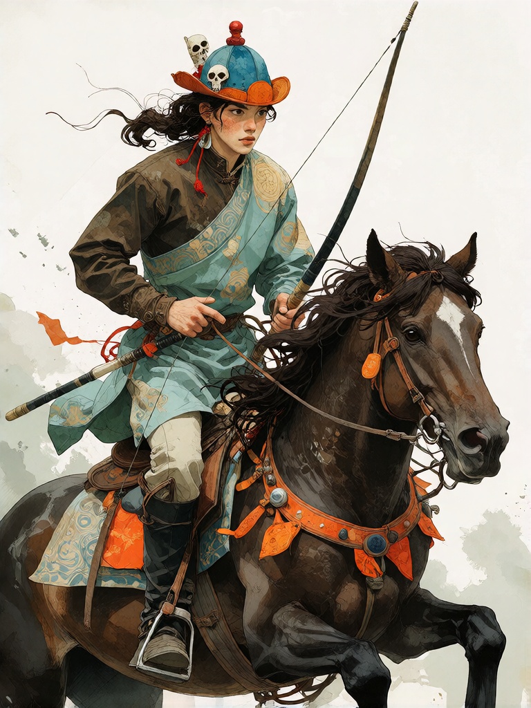 Here is the final promptBradhamel art style,  illustration of a young Mongolian archer riding a dark brown horse with a fl...
