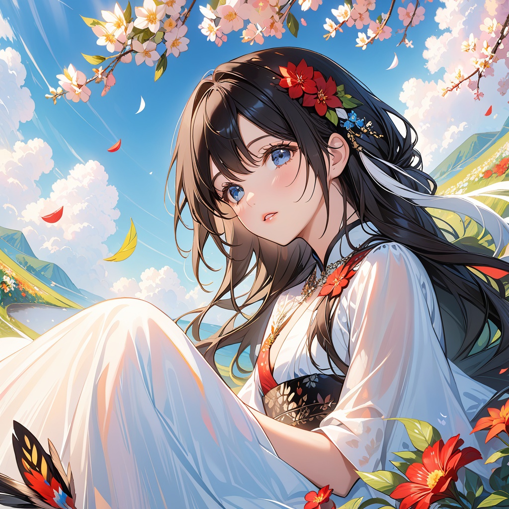 <lora:花花-000004:0.8> <lora:花花-000008:0.5> <lora:rimaxl-000002:0.2>anan,1girl,solo,long hair,black hair,feathers,sitting,dress,looking up,parted lips,flower,jewelry,
