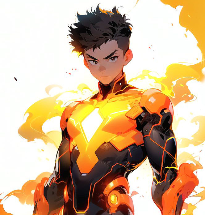 asuo,1boy,male focus,solo,bodysuit,full body,looking at viewer,white background,wind,fire,electricity,black hair,glowing,black bodysuit,clenched hands,spiked hair,standing,simple background,short hair,gloves,<lora:asuo-000014:0.8>,