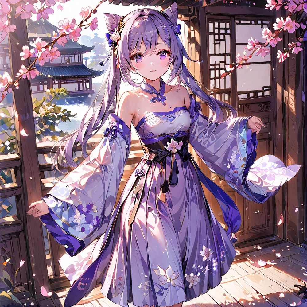 Hanfu,O,1girl, keqing (genshin impact), solo, long hair, purple hair, holding, looking at viewer, hair bun, twintails, flower, purple eyes, full body, bare shoulders, architecture, bangs, east asian architecture, standing, dress, cone hair bun, wisteria, hanfu, breasts, detached sleeves, wide sleeves, cup, long sleeves, water, chinese clothes, smile, closed mouth, double bun, blush, strapless, purple dress, hair ornament, purple flower, medium breasts, petals, plate, wooden floor, off shoulder, strapless dress, parted lips, bow