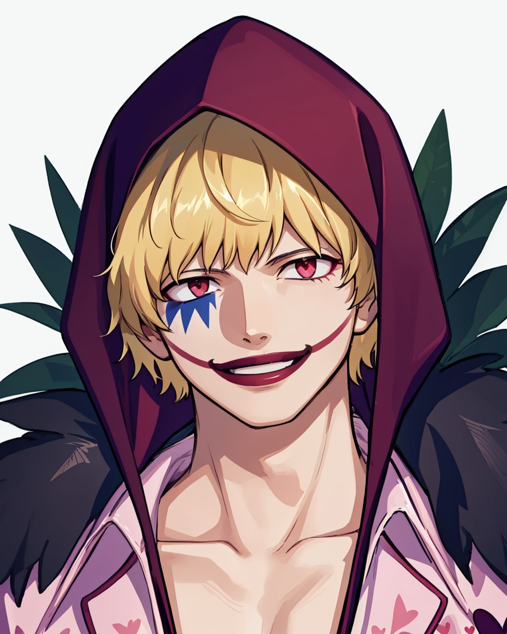 masterpiece,best quality, highly detailed, donquixote rocinante, 1boy, male focus, pink shirt, solo, fur coat, smile, hood, makeup, facial mark, heart print,<lora:donquixote_rocinante:1>