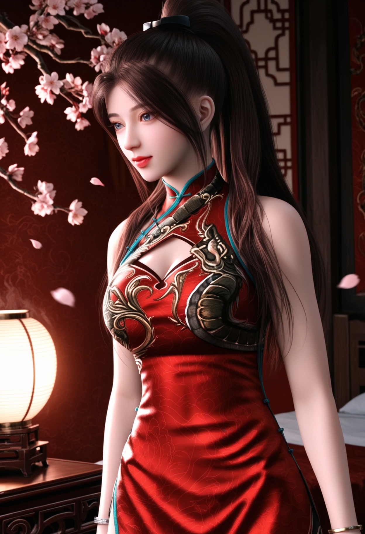 masterpiece,best quality,amazing quality,very aesthetic,high resolution,ultra-detailed,absurdres,scenery,photorealistic,(looking at viewer:1.1),upper body,(Dark room:1.3),(moody lighting:1.1),peach blossom,falling petals,(large breasts:0.8),tangzichen,1girl,solo,long hair,brown hair,chinese clothes,dress,china dress,red dress,blue eyes,ponytail,sleeveless,thigh strap,jewelry,bracelet,side slit,sleeveless dress,brown eyes,black hair,high ponytail,high heels BREAK photorealistic details,<lora:QQSilltangzichenV1:0.8>,
