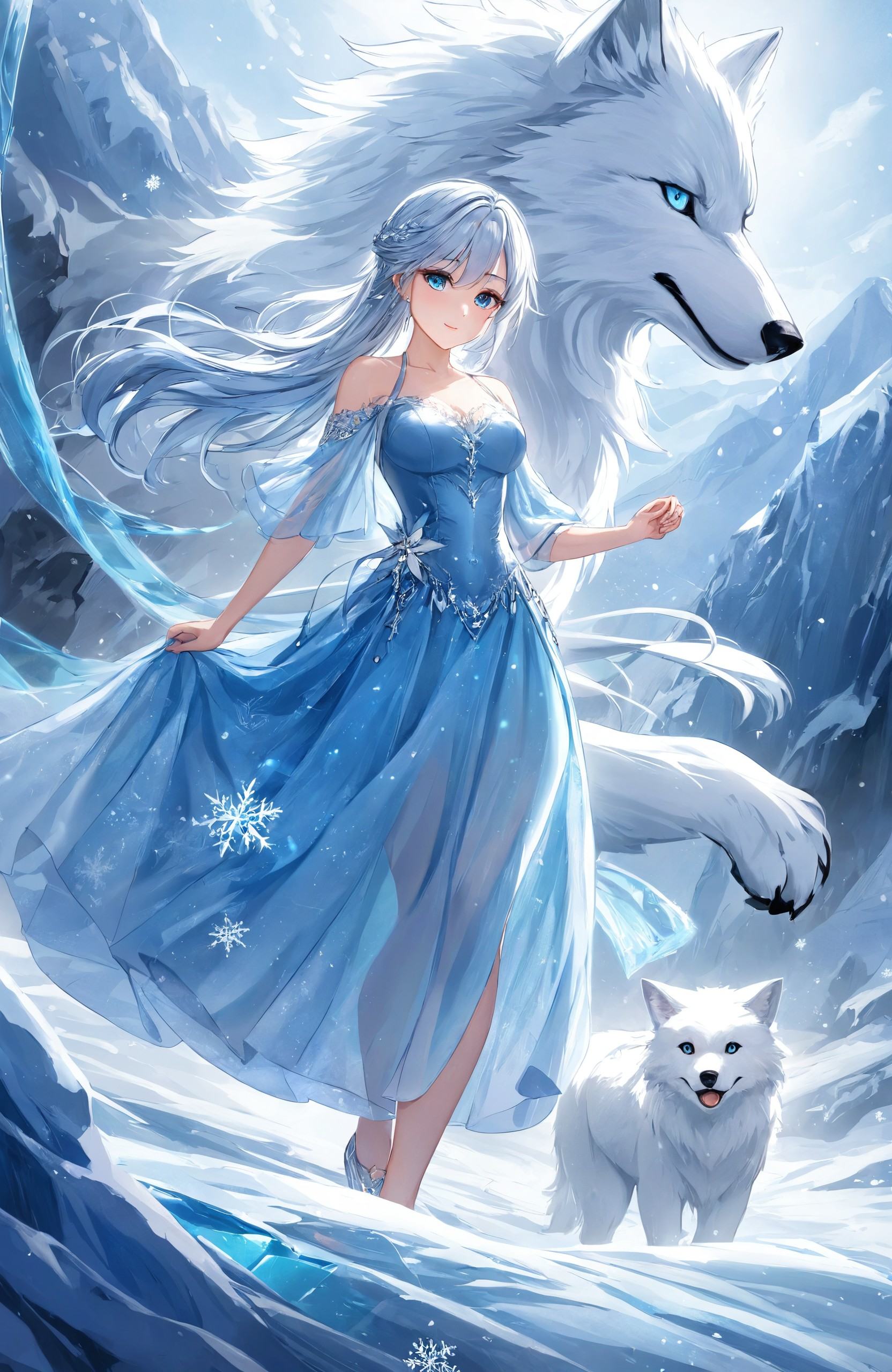 "Elegant anime art style, featuring a young girl with long, flowing silver hair standing confidently beside a giant white wolf in a frozen, mystical landscape. The girl is dressed in an intricate ice-blue gown, and her piercing blue eyes reflect the strength and wisdom of her companion. The scene is illuminated by a soft, ethereal glow, with snowflakes gently falling around them, emphasizing their bond as protectors of the frozen realm."