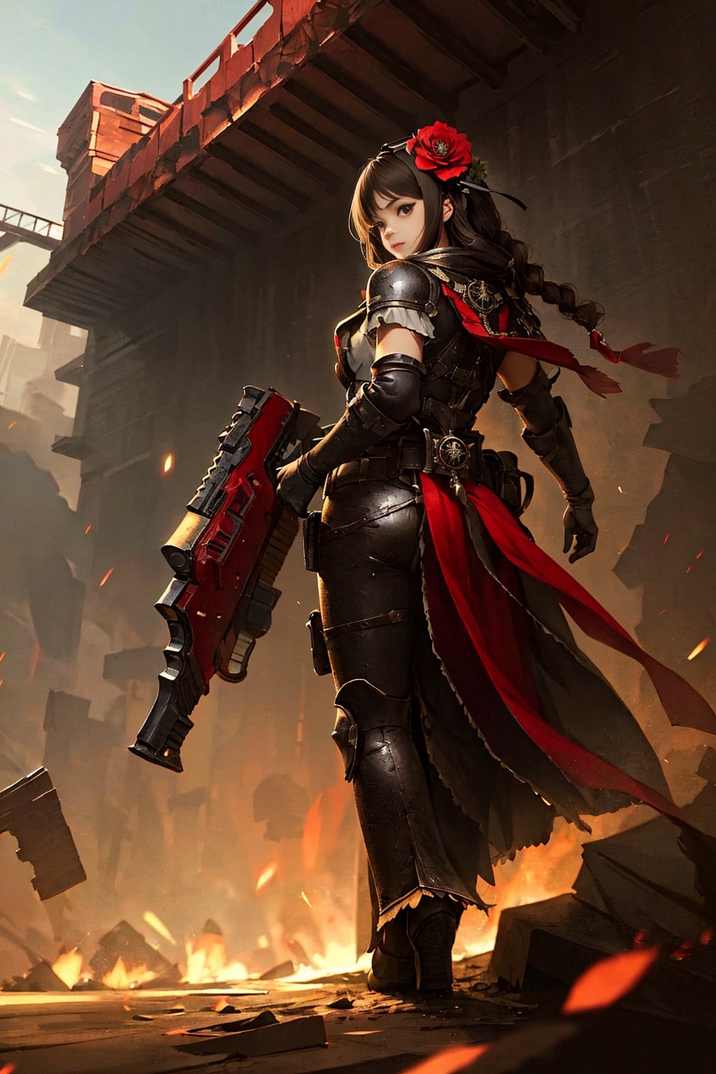 1girl,solo,gloves,hair_flower,looking back,full body,<lora:kp_战锤插画V1:0.8>,kp,weapon,holding,armor,
