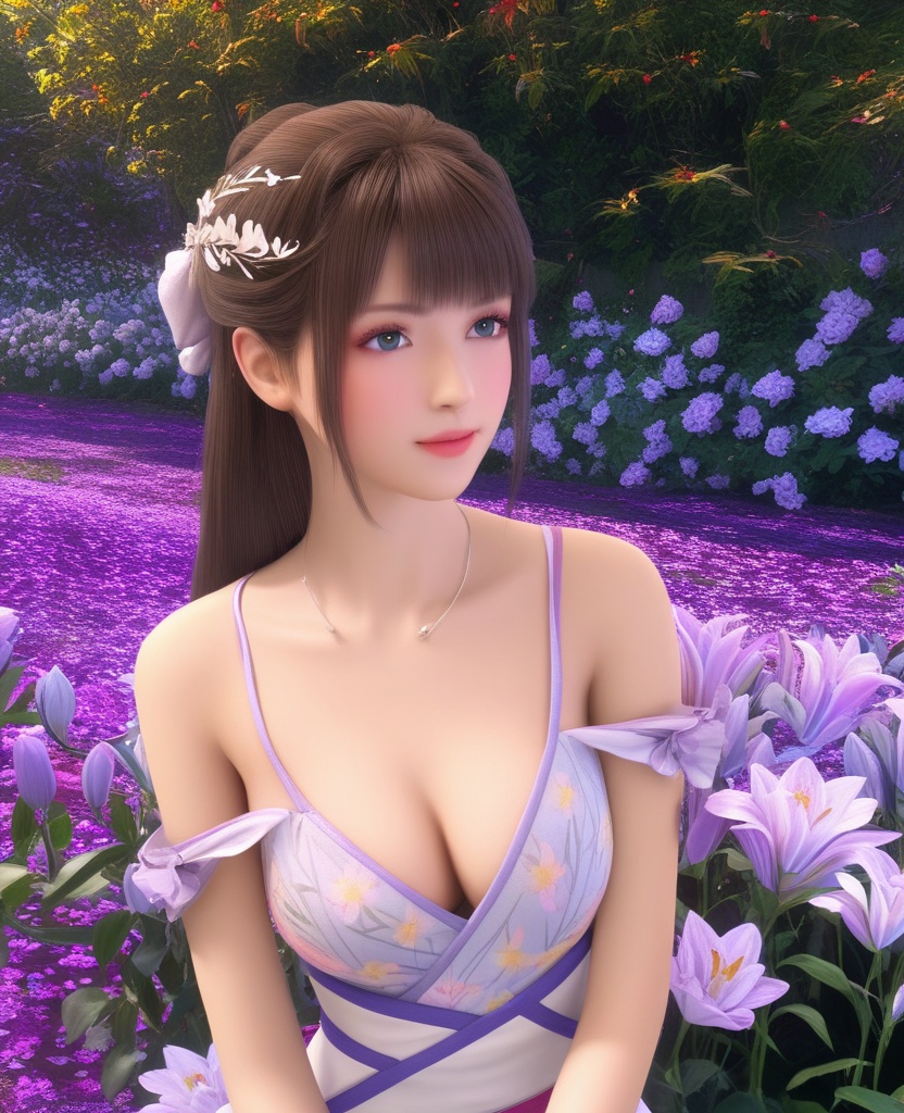 <lora:578-DA-XL-斗破苍穹-小医仙:0.8>(,1girl, ,best quality, ),looking at viewer,  ,ultra detailed 8k cg,ultra detailed background,ultra realistic 8k cg,1girl, solo,(bare shoulders:0.85),(masterpiece, best quality),((oil painting style)),sexy young lady,(beautiful face and eyes),(upper body:1.5),(whole body:1.05),(single person:1.2),surrounded by flowers, (lily), roses, floret, vegetation, white, purple, purplish pink,Impressionism,colorful,(Breast size:1.3),(cleavage),