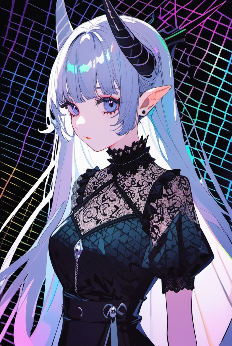 ciloranko,pale demon girl , prismatic coloring, holographic vibe, chromatic black lace blouse, gothic background, (long straight horns:1.2)