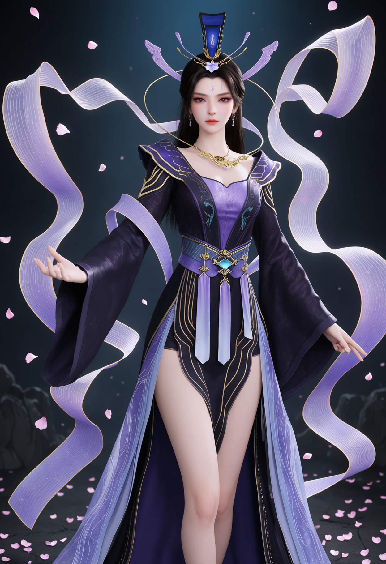 (cowboy shot:1.2),(looking at viewer:1.1),masterpiece,(best quality),smog,Dark room,dim lighting,peach blossom,falling petals,<lora:YQ_Illustrious光辉v5_紫霞_V1:0.8>,q1528437228,1girl,solo,black hair,long hair,jewelry,hair ornament,dress,earrings,necklace,Celestial streamers,Flowing streamer,Silk streamer,Trailing ribbon,ribbons,long sleeves,forehead mark,sash,chinese clothes,wide sleeves,purple dress,brown hair,shawl,hat,black footwear,black dress,purple eyes,floating,obi,hagoromo,bare legs,brown eyes,hair bun,side slit,