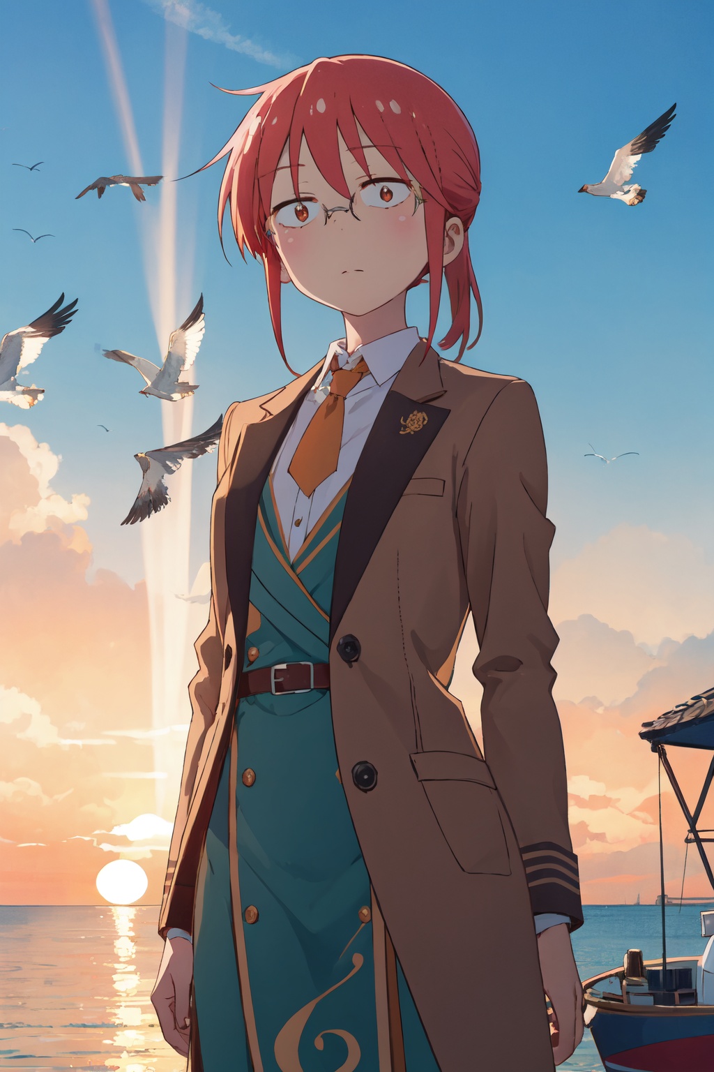 <lora:Kobayashi-000010:0.8>,kobayashi cyql,1girl,looking at viewer,solo,glasses,red hair,ponytail,brown eyes,sidelocks,Flight attendants in bold coral uniforms, showcasing a tailored dress, matching blazer, and coordinating accessories.,smug,panorama,As the sun sinks slowly into the horizon, the sky blushes orange and red, and golden rays bathe the shimmering sea. Seagulls soar overhead, fishing boats sing into the dusk,(Grapevines, Harvested grapes, Vineyard rows, Wooden barrels, Harvest festival, Golden hour:0.5),beautiful detailed sky,beautiful detailed glow,posing in front of a colorful and dynamic background,masterpiece,best quality,beautiful and aesthetic,contrapposto,female focus,wallpaper,