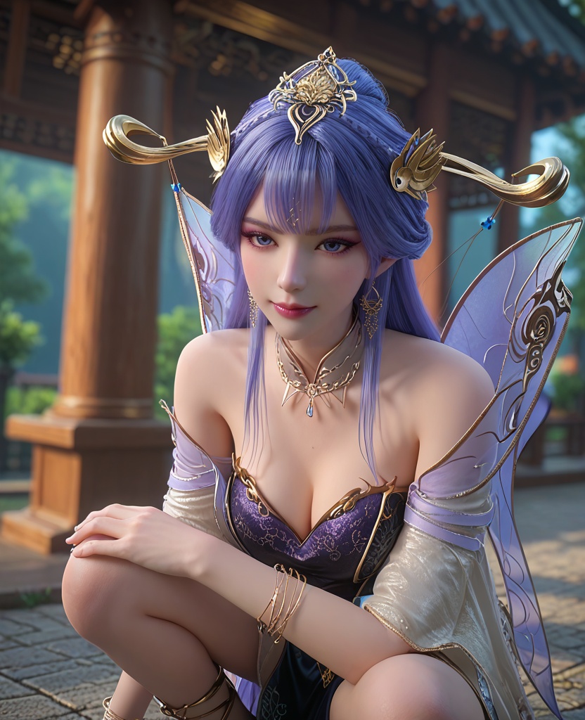 (oriental architecture, elegant decor, sophisticated style:1.1),(Crouching low, with a mischievous grin and fingers splayed as if casting a spell, she captures the whimsy of a fairy tale creature:1.1),(breasts:1.2),<lora:XL百炼成神天穹:0.9>,miss tianqiong,jewelry,long hair,hair ornament,bangs,blue hair,dress,earrings,bare shoulders,purple eyeshadow,blue eyes,bracelet,cleavage,detached collar,, zPDXL2, score_9, score_8_up, score_7_up BREAK realistic, masterpiece,best quality, highly detailed,, zPDXL3, zPDXL2,zPDXL, zPDXLxxx, zPDXLrl,