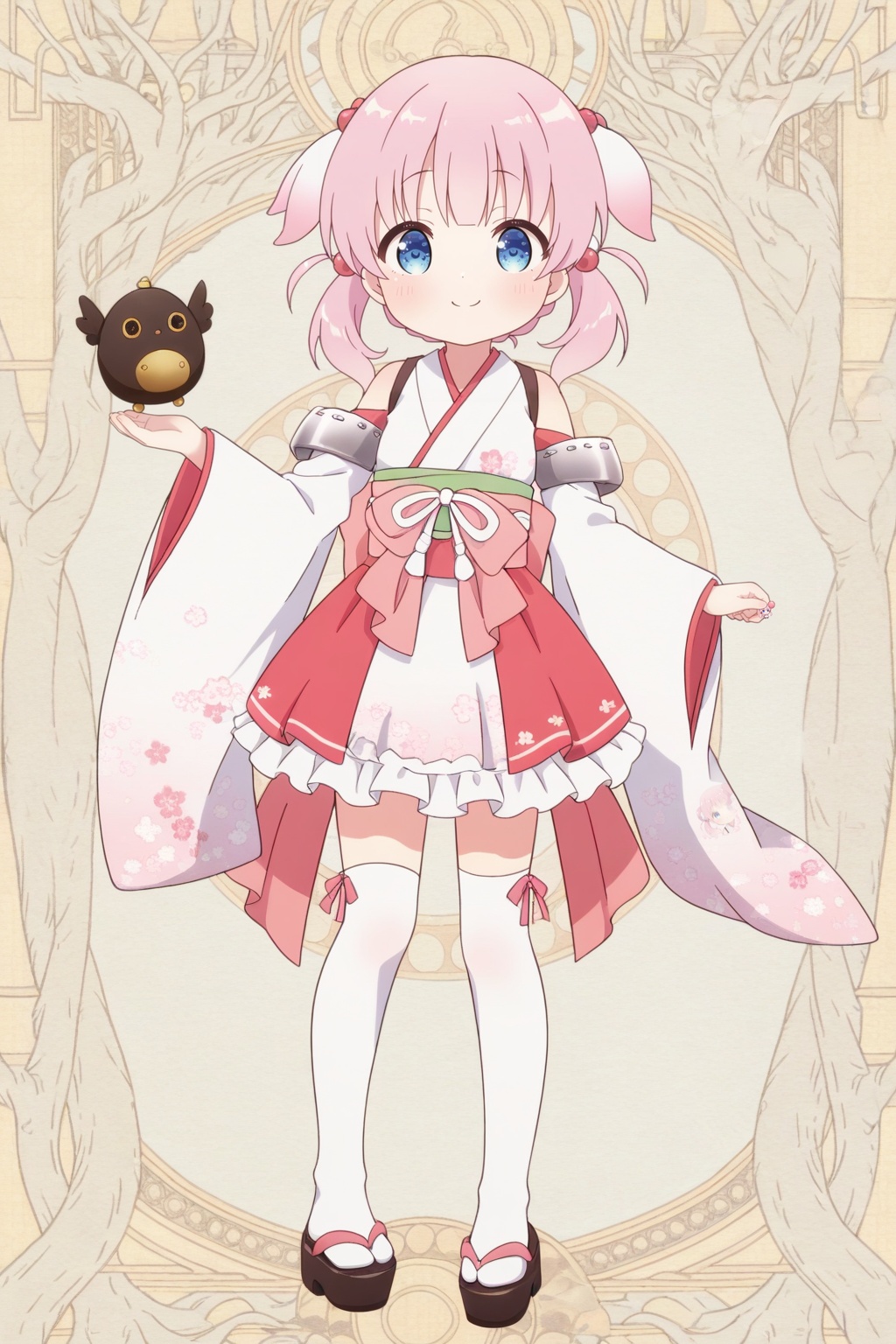 <lora:Haizakura_Ill_v10:0.8>,full body,Haizakura,little_girl,loli,kawaii,(child),blue eyes,short stature,pink hair,twintails,medium hair,hair ornament,japanese clothes,kimono,detached sleeves,bare shoulders,smile,white kimono,hair bobbles,