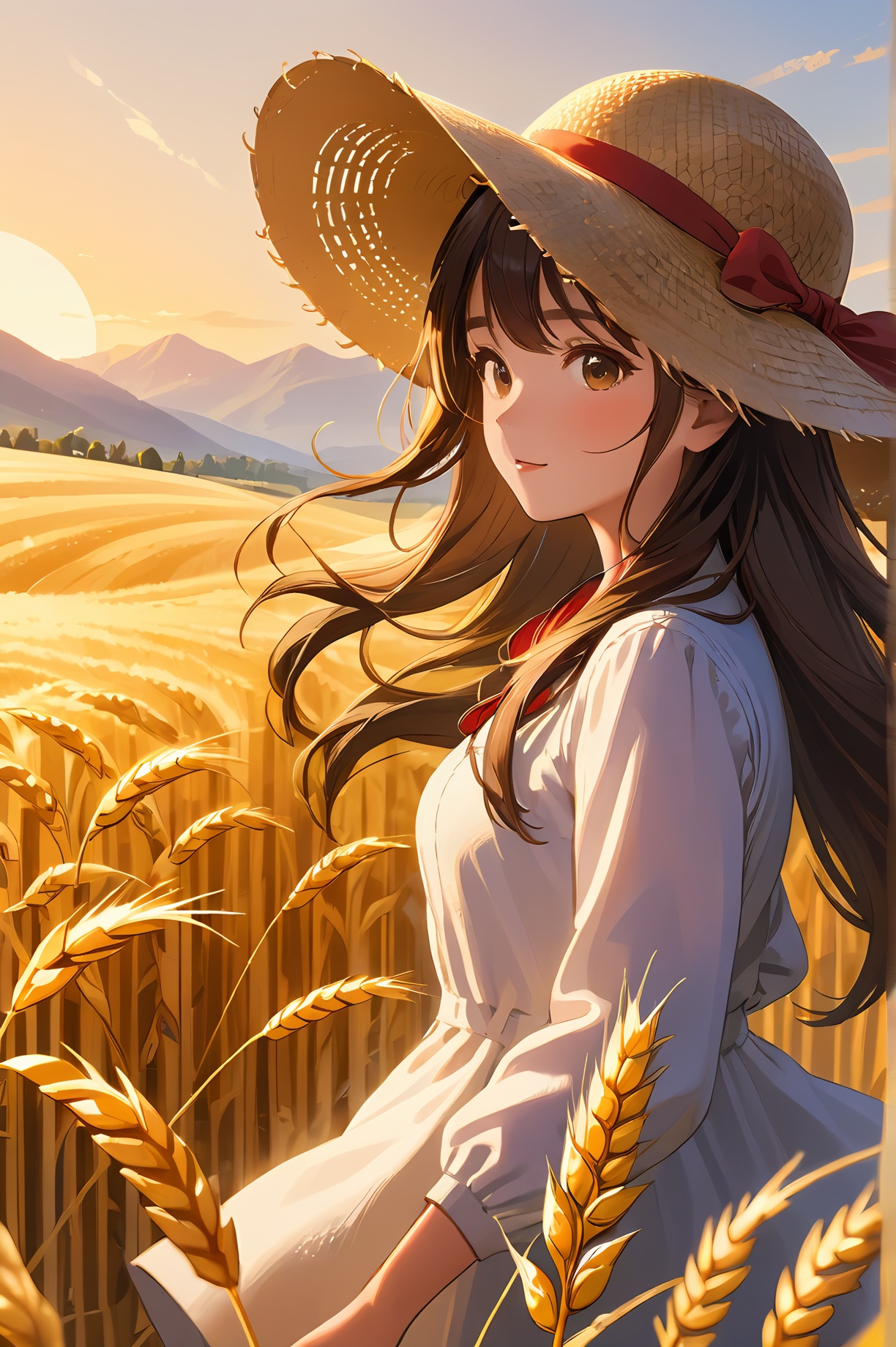 (((high detail))), best quality, 1girl,full frame, working in the golden wheat field, straw hat,dark brown long flowing hair blowing in the wind, mountains in the far background, sunset