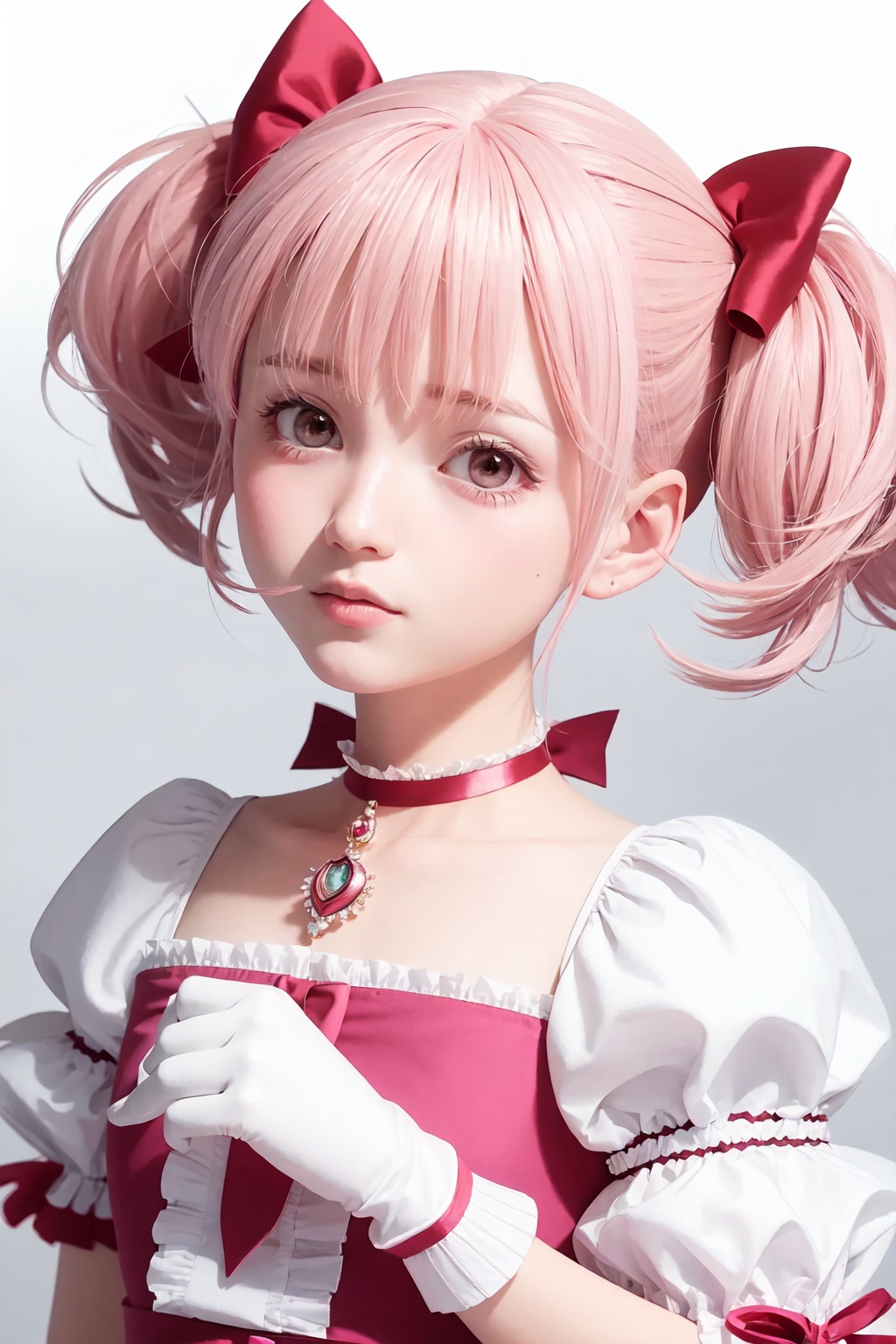 masterpiece,best quality, highly detailed, kaname_madoka,1girl,solo,short_twintails,white_gloves,magical_girl,puffy_short_sleeves,looking_at_viewer,white_background,blush,simple_background,hair_ribbon<lora:kaname_madoka:1>,simple background,white background