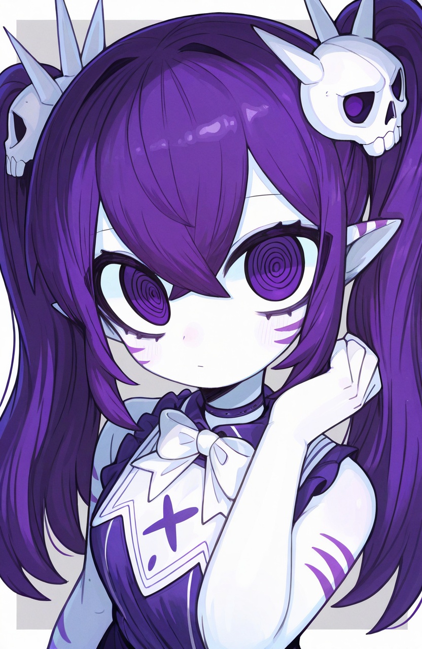 artist:ketopon, 1girl, @ @, bow, bowtie, choker, closed mouth, colored skin, crossed bangs, empty eyes, expressionless, facial mark, grey background, hair between eyes, hair ornament, hand up, long hair, pointy ears, purple choker, purple eyes, purple hair, purple shirt, shirt, skull hair ornament, sleeveless, sleeveless shirt, twintails, white bow, white bowtie, white skin,masterpiece,best quality,good quality,newest,year 2024,year 2023,very aesthetic,absurdres,Visual impact,A shot with tension,ultra-high resolution,32K UHD,sharp focus,best-quality,masterpiece,<lora:ketopon_v0.1_Illustrious-000034:1>,