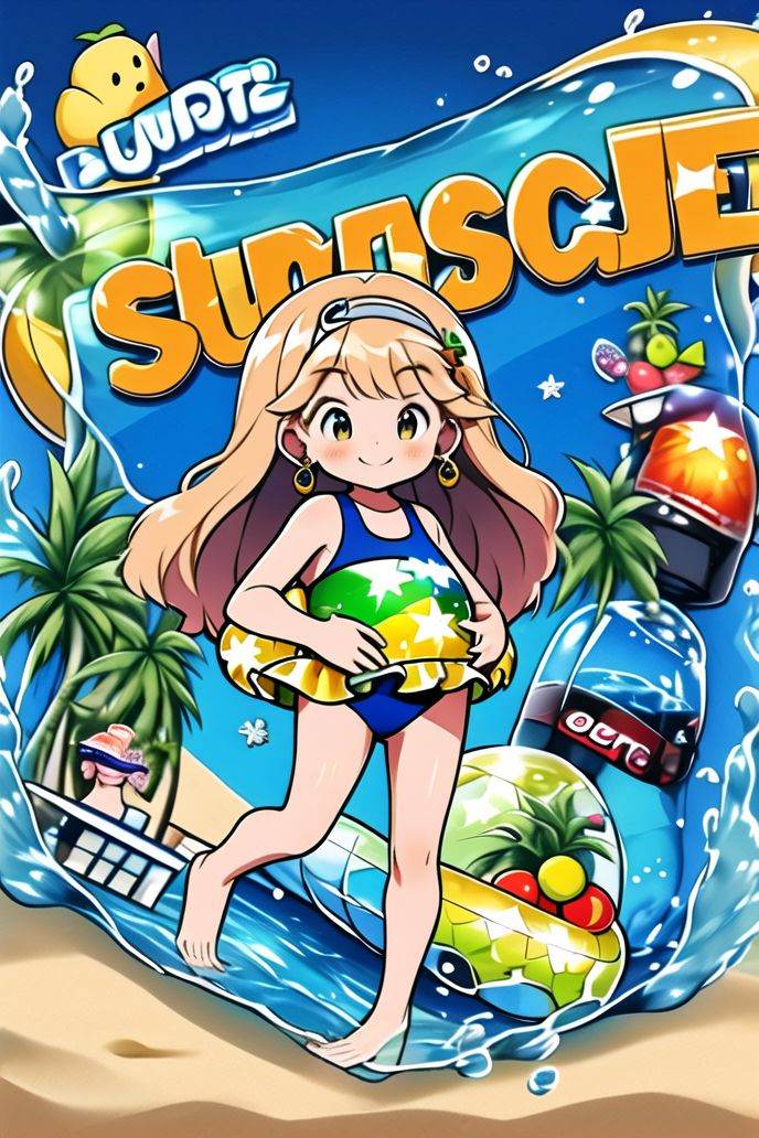 graffiti, 1girl, afloat, air bubble, animal, ball, bangs, bare legs, bare shoulders, barefoot, beach, beachball, bikini, bird, blush, brown eyes, bubble, bucket, chick, closed mouth, cloud, coconut, cover, crab, day, earrings, eyebrows visible through hair, fish, flower, hair ornament, hairband, holding, horizon, inflatable toy, innertube, island, jewelry, leaf, long hair, looking at viewer, ocean, orange bikini, outdoors, palm tree, partially submerged, partially underwater shot, pier, plant, pool, poolside, potted plant, rubber duck, skirt, smile, solo, standing, star \(symbol\), starfish, swimming, swimsuit, tree, water, yellow bikini<lora:graffiti-bg-style-v1.0:1>