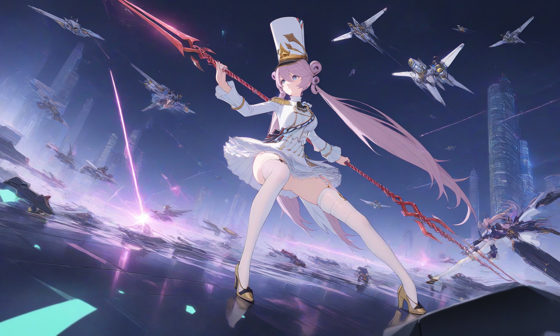 masterpiece,high score,great score,absurdres,dramatic mid-air combat stance,cyberpunk cityscape at night,<lora:moli1:1>,moli,1girl,solo,thighhighs,hat,long hair,blue eyes,white thighhighs,full body,garter straps,shako cap,double bun,dress,pink hair,hair bun,long sleeves,bangs,white dress,very long hair,closed mouth,purple hair,double-breasted,frills,buttons,epaulettes,white headwear,wielding Longinus Spear (divine weapon),thrusting towards robotic enemy,electric arcs crackling along spear shaft,sacred geometry patterns illuminating,pink and purple gradient hair whipping violently,blue eyes focused,mechanical debris falling from sky,shattered robot chassis exploding,other drones firing laser volleys,neon rain slicking reflective streets,towering holographic billboards flickering,flying vehicles evading combat zone,spear tip piercing through robot armor,molten metal splattering,motion-blurred energy trails,volumetric light beams from skyscrapers,low camera angle,dynamic perspective,cinematic composition,cyber-rainstorm with glowing droplets,atmospheric turbulence,battle damage effects,overcharged energy core detonation in background,Lance of Longinus,spear,