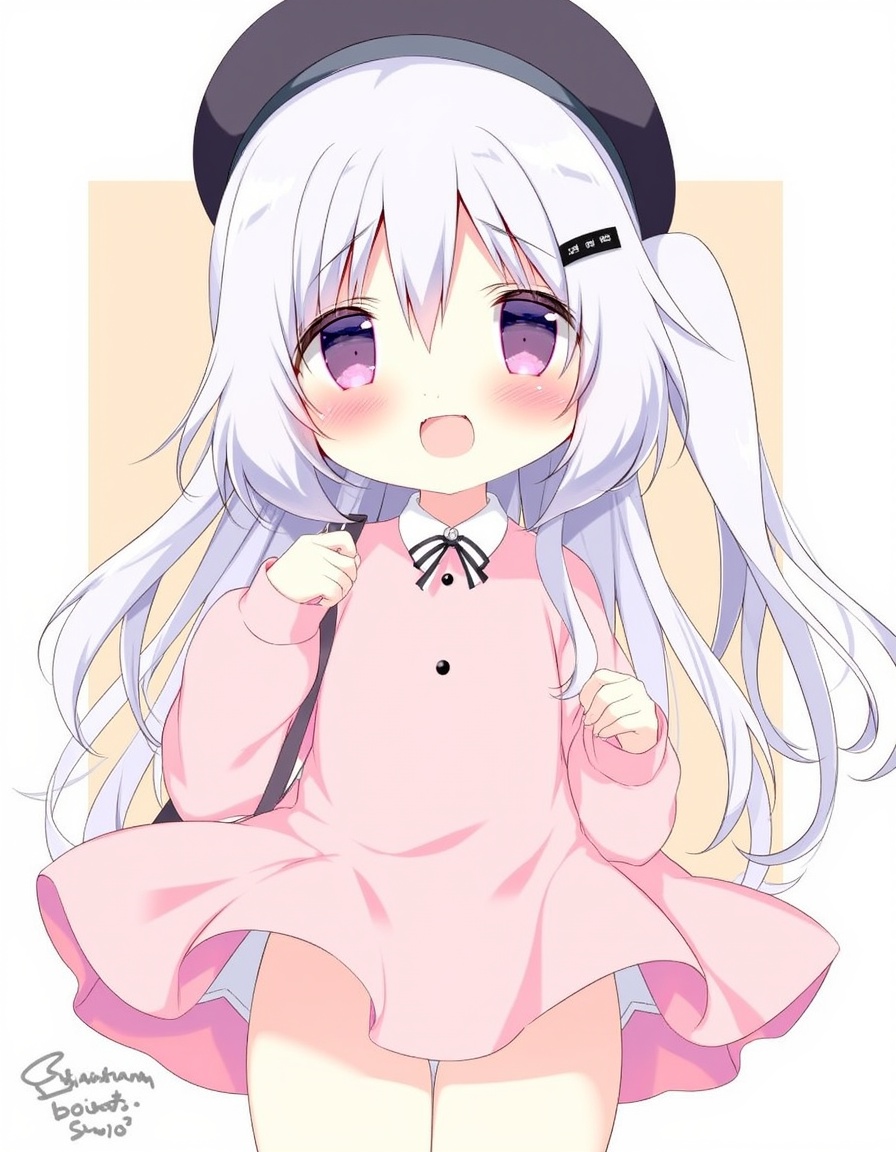 shiratama_(shiratamaco), commentary_request, official_art, 1girl, :d, bag, beret, black_hat, blush, breasts, copyright_notice, dress, drop_shadow, full_body, hair_between_eyes, hair_ornament, hairclip, hat, holding_strap, long_hair, long_sleeves, looking_at_viewer, medium_breasts, open_mouth, pink_dress, purple_eyes, sample_watermark, shoulder_bag, smile, solo, very_long_hair, virtual_youtuber, watermark, , white_hair, shiina_yuika, nijisanji, year_2023,, <lora:flux-Shiratamaco-000008:1>