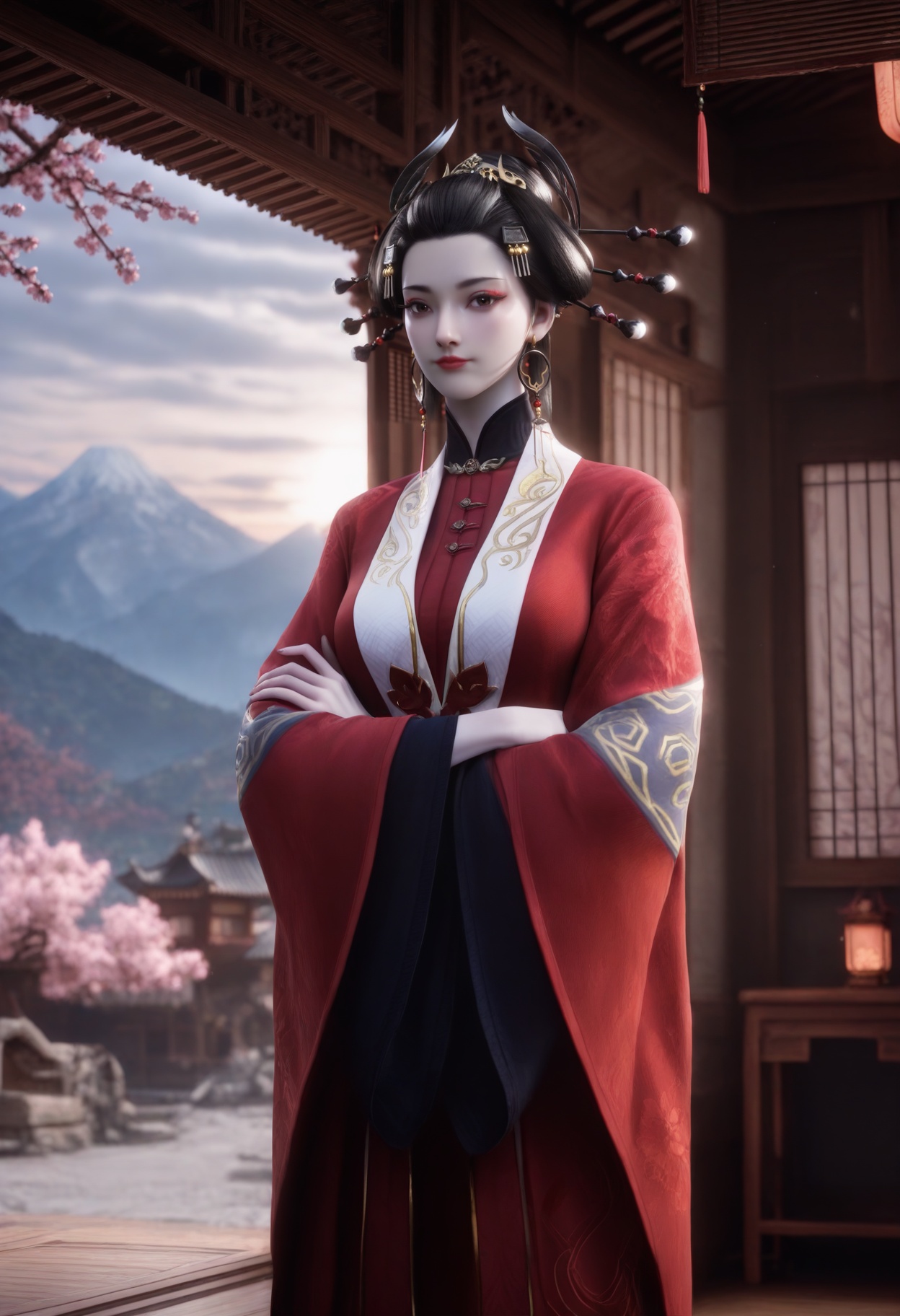 Yan_furen,1girl,black hair,looking at viewer,hair ornament,jewelry,brown eyes,earrings,hair stick,updo,hair pulled back,horns,hair stick,<lora:Yan_furen_10_illu-000010:0.75>,chinese clothes,wide sleeves,long sleeves,hanfu,red dress,photorealistic,hyperrealistic,<lora:realistic filter [IL]:1>,(pale skin:1.3),looking at viewer,standing,crossed arms,lantern,open window,looking at viewer,indoors,mountains,blossoms,flowers,east asian architecture,beautiful sunrise,warm ambient temperature,