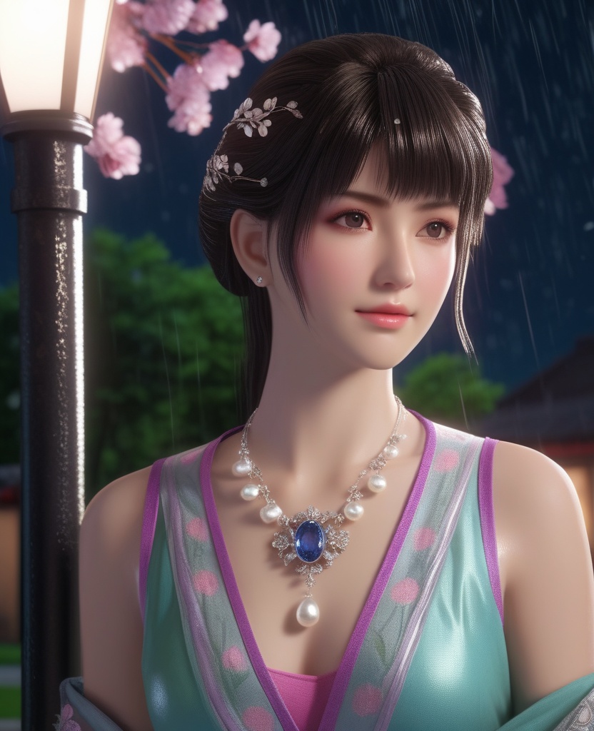 <lora:578-DA-XL-斗破苍穹-小医仙:0.8>(,1girl, ,best quality, ),looking at viewer, ,ultra detailed 8k cg, ultra detailed background,  ultra realistic 8k cg,          cinematic lighting, cinematic bloom, (( , )),,  , unreal, science fiction,  luxury, jewelry, diamond, pearl, gem, sapphire, ruby, emerald, intricate detail, delicate pattern, charming, alluring, seductive, erotic, enchanting, hair ornament, necklace, earrings, bracelet, armlet,halo,masterpiece, (( , )),,  ,cherry blossoms,(((, night,night sky,lamppost,  ultra high res, (photorealistic:1.4), raw photo, 1girl, , rain, sweat, ,wet, )))(( , ))   (cleavage), (),