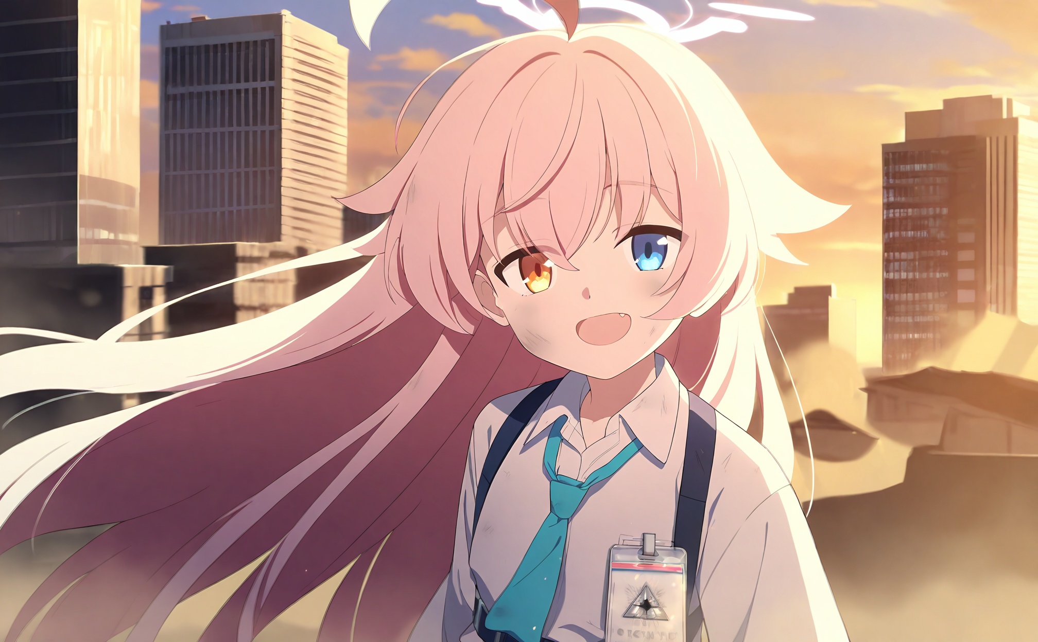 //,1girl, hoshino_\(blue_archive\), heterochromia, shirt, solo, pink_hair, necktie, white_shirt, halo, long_hair, blue_eyes, blue_necktie, ahoge, collared_shirt, building, fang, outdoors, yellow_eyes, smile, looking_at_viewer, id_card, hair_between_eyes, open_mouth, skyscraper, cloud, sky, pink_halo, upper_body, dirty, shoulder_strap, aqua_necktie, cloudy_sky, city, dust, :d, cityscape, dirty_face, harness, sunrise, blurry, skyline, strap, chest_harness, sunlight//,//,//,<lora:BA——【noob】hans-000018:1>,