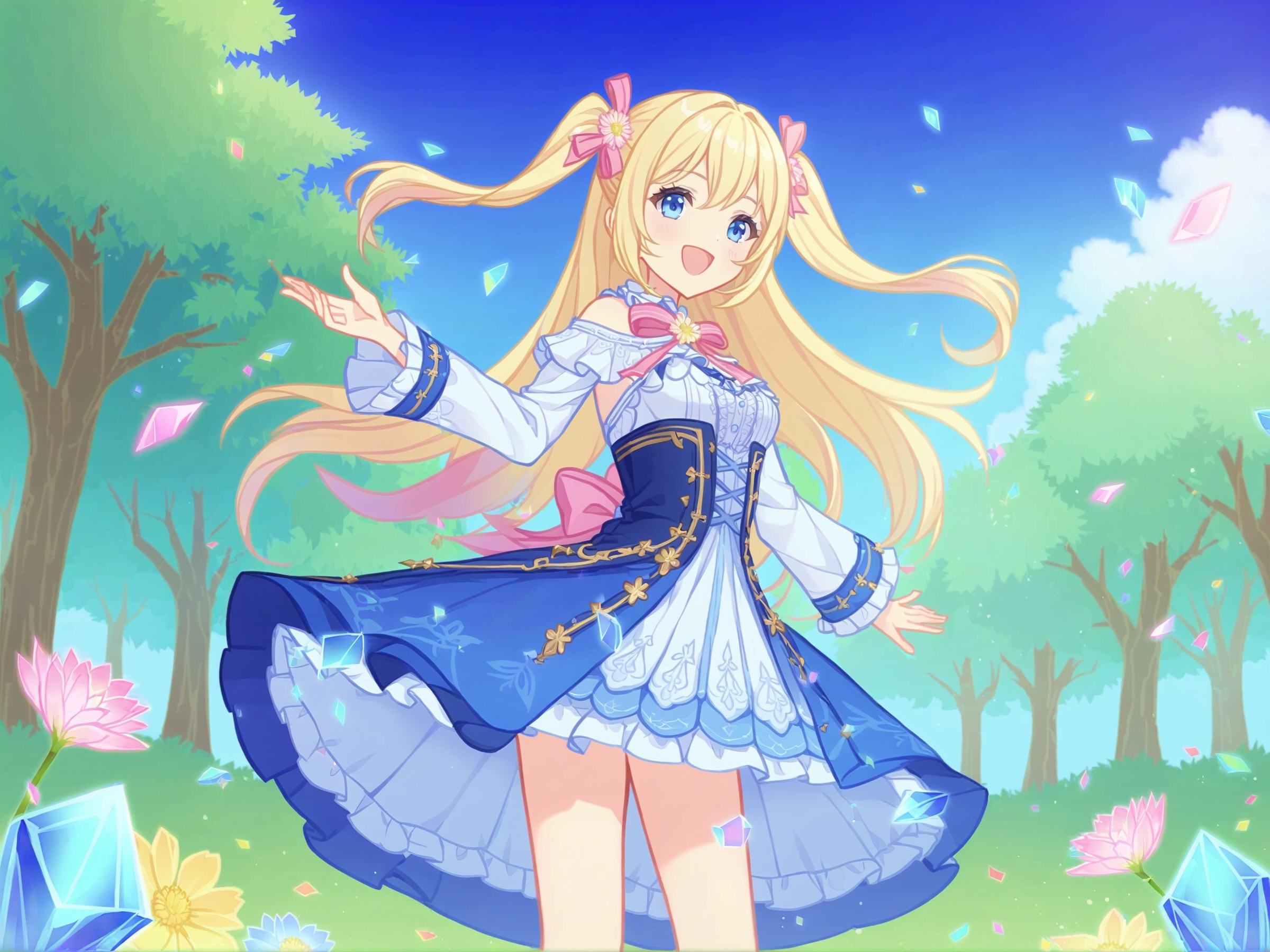 ((masterpiece)),(best quality),(beautiful detailed eyes),(ultra-detailed),(finely detail),(highres),two side up,detailed beautiful long blonde hair,pink ribbon,detailed beautiful blue eyes,white frilled dress,lace-trimmed,long sleeves,flower garden,wind,happy,laughing,confetti,petals,blue sky with clouds,(crystal trees:1.2),(detailed beautiful flowers:1),detailed beautiful background,<lora:pcr-xl-fp8-lokr-v2:0.8>,<lora:gcg.xl-low-lr:0.8>,gcg