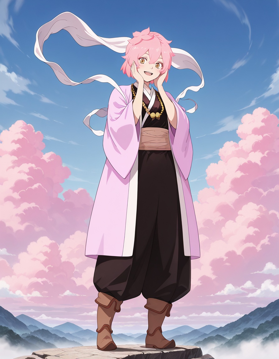 masterpiece, best quality, amazing quality, heaven, sky, cloud,looking at viewer, solo, smile, hands on own face, open mouth, standing,<lora:tao_fa-jigokuraku_s2-ixl-anime-soralz:1>, tao fa (jigokuraku), short hair, pink hair, fluffy hair, hair between eyes, yellow eyes,japanese clothes, bead necklace, hagoromo, pink haori, black kimono, long sleeves, wide sleeves, obi, hakama, baggy pants, brown boots,androgynous, <lora:StS-Illustrious-Detail-Slider-v1.0:3>