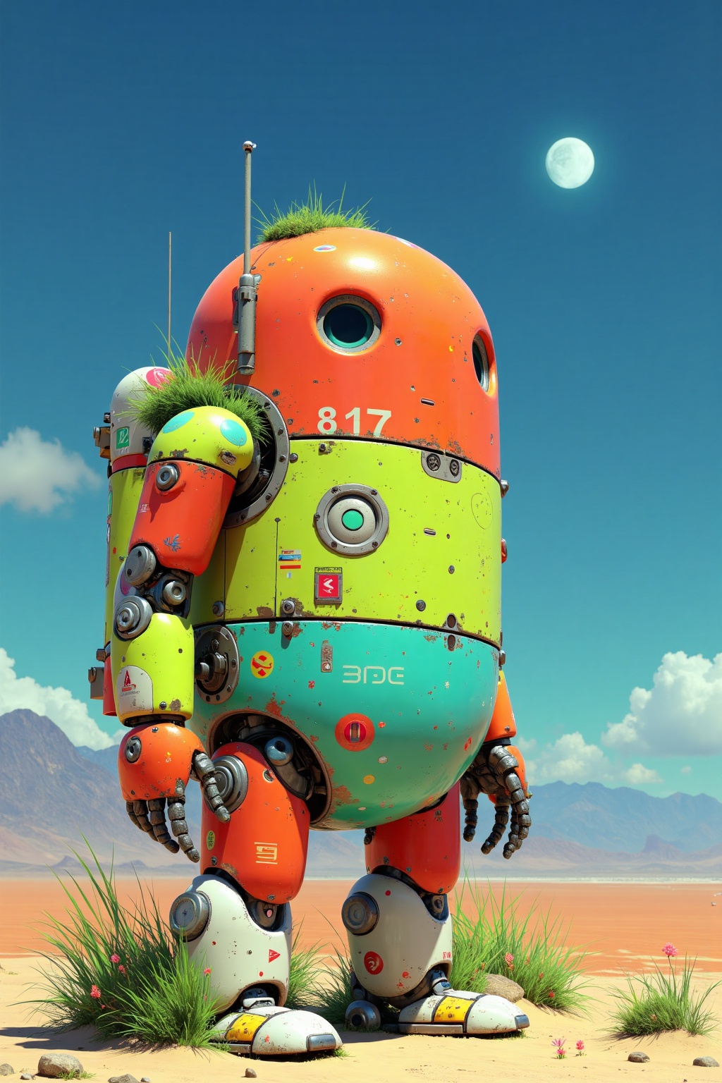 beijihui,Captured at eye-level on a vibrant day,a green and orange robot is standing on a sandy beach. The robot's body is adorned with a bright orange head,a yellow body,and orange legs. The body has a large circular window in the center,and the number "817" is written in white on the left side of the body. The front of the robot's head is covered in small patches of green grass,adding a pop of color to the scene. In the distance,a mountain range can be seen. The sky is a deep blue,dotted with white clouds,and a white moon is soaring across the sky.,