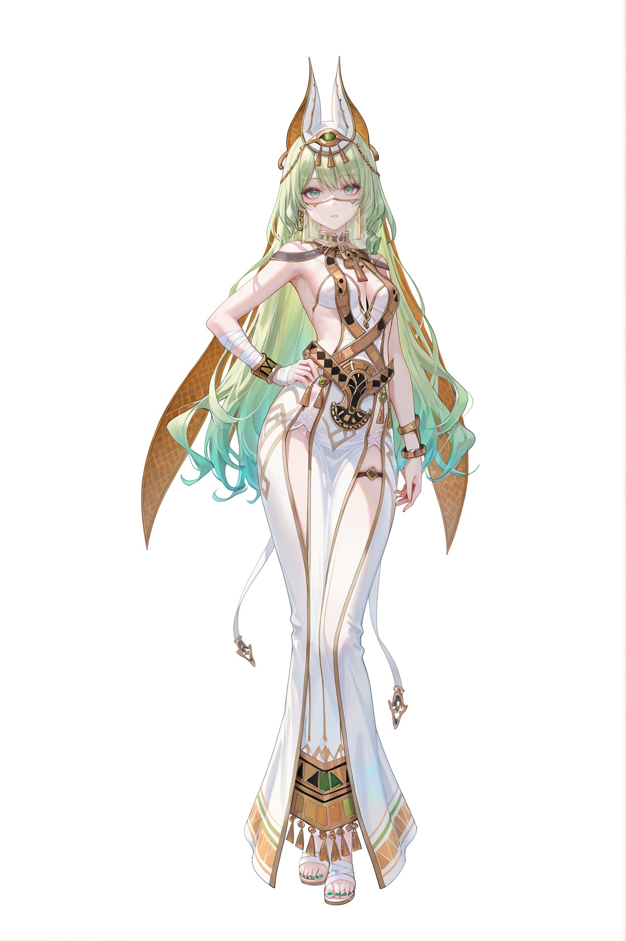 8k,best quality,masterpiece,(ultra-detailed),(high detailed skin),((artist:reoen),(artist:fuzichoco),(artist:atdan),(artist:torino_aqua),year 2024:0.8)1girl,[artist:wlop],[artist:ningen_mame],artist:ciloranko,[[artist:rhasta]],artist:tidsean,colorful,jijia,2d,ambient light,full body,full shot,standing,looking at viewer,(solo:1.2),simple background,(white background:1.2),hand on own hip,(white background:1.1),<lora:mobius-ill-Tanger:0.8>,mobius,mobius's egyptian clothes,cat ears hood,1girl,green hair,jewelry,white dress,bracelet,veil,bandages,