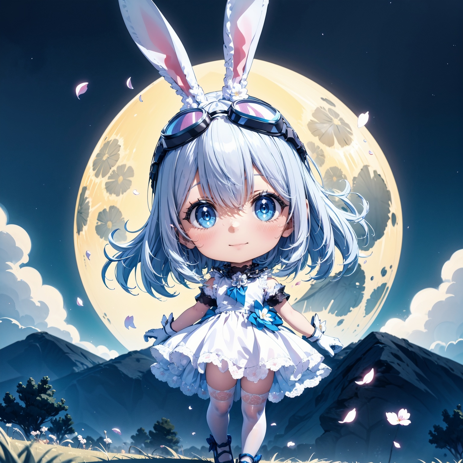tutututu,1girl,solo,wrist cuffs,rabbit ears,white dress,white gloves,blue footwear,goggles on head,sleeveless dress,bangs,blue bow,white hair,short hair,white thighhighs,<lora:lihaigeQ-000006:0.9>,1girl,(colorful),(finely detailed beautiful eyes and detailed face),cinematic lighting,bust shot,extremely detailed CG unity 8k wallpaper,white hair,solo,smile,((flying petal)),(Flowery meadow),sky,cloudy_sky,building,moonlight,moon,night,(dark theme:1.3),light,fantasy,