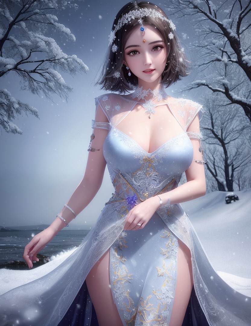 ultra realistic 8k cg, flawless, clean, masterpiece, professional artwork, famous artwork, cinematic lighting, cinematic bloom, perfect face, beautiful face, fantasy, dreamlike, unreal, science fiction,   lace, lace trim, lace-trimmed legwear, luxury, jewelry, diamond, gold, pearl, gem, sapphire, ruby, emerald, intricate detail, delicate pattern, charming, alluring, seductive, erotic, enchanting, hair ornament, necklace, earrings, bracelet, armlet,halo,autumn,((,1girl, pov,best quality, ))  , ((((1girl, solo,outdoors, large breasts,,snowflakes,  snow, snowing,   ))))    <lora:DA_BaiCai:0.7>