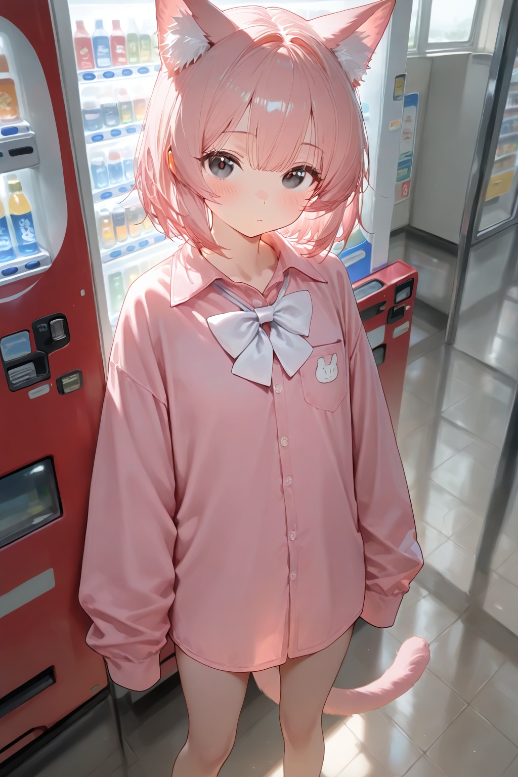 masterpiece,best quality,doremifaso64,1girl,solo,looking at viewer,shirt,long sleeves,bow,animal ears,standing,tail,pink hair,indoors,bowtie,black eyes,sleeves past wrists,feet out of frame,white bow,sleeves past fingers,pink shirt,oversized clothes,vending machine,sketch,