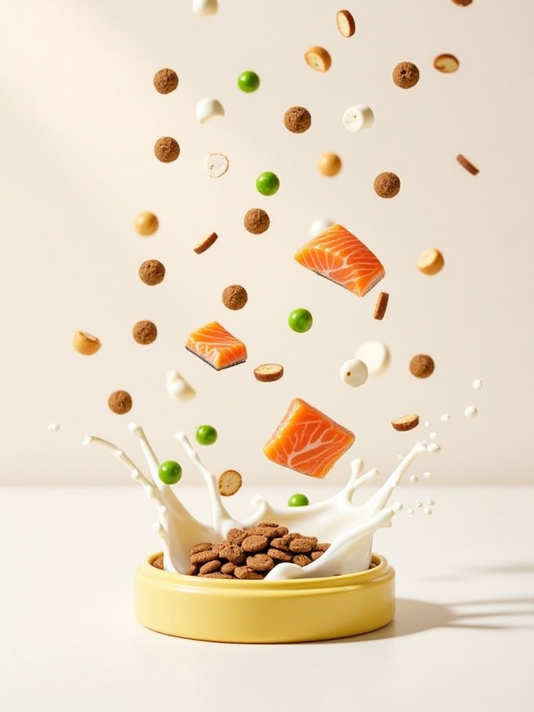 STML,Cat food kibbles tumbling in mid-air, with splashes of milk and floating pieces of salmon and peas, captured in high-speed photography for a dynamic, appetizing effect.<lora:S-T-猫粮海报_S1.5:1>