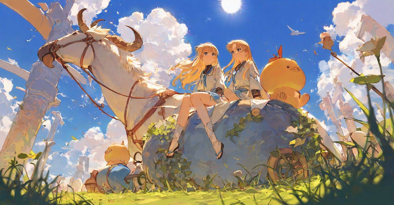 highres,extremely detailed 8k wallpaper,illustration,depth of field,great quality,masterpiece,best quality,amazing quality,very aesthetic,absurdres,Japanese fantasy style,artist:ciloranko BREAK<lora:Japanese fantasy style:0.8>, -Japanese fantasy style, blonde hair, long hair, sitting, 1girl, outdoors, sky, grass, cloud, sun, day, blue eyes, bird, blue sky, leaf