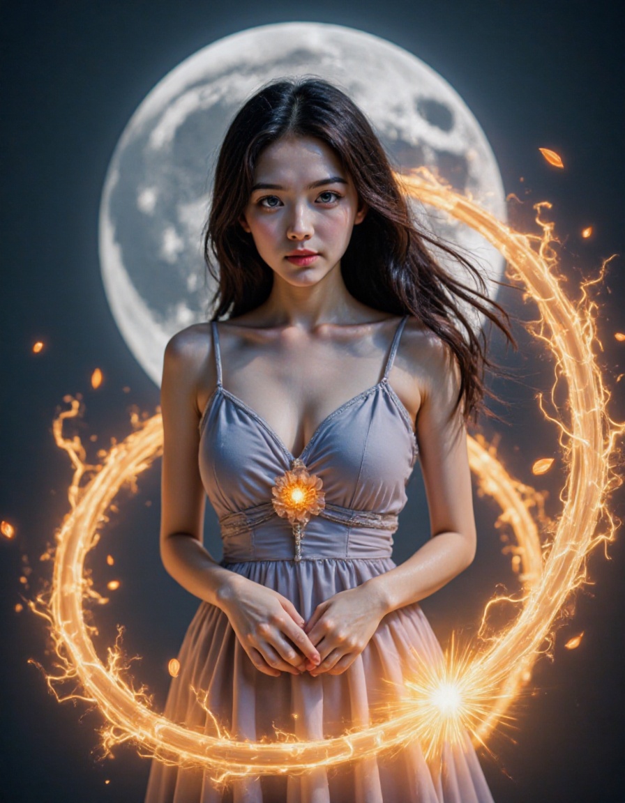 cinematic,photo-hdr,realistic,photorealistic,1girl,solo,upper body,dress,black hair,electricity,fire,flower,petal,flowing hair,gem,neatly circled around the girl in a single direction,dress,fire,flowing hair,burning,wrapped in flames,girl solo,abstract,full moon,