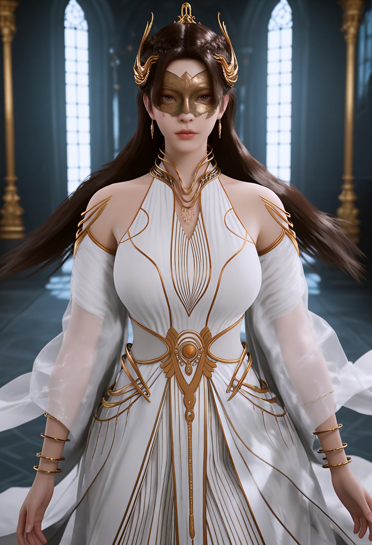 upper_body,(gigantic breasts:0.6),(slender:1.3),(looking_at_viewer:1.1),(masterpiece:1.1),(best quality:1.2),(intricate details),(smog:1.3),(Dark room:1.3),(dim lighting:1.3),<lora:YQ_Illustrious光辉v5_狠人大帝_V1:0.8>,(q1528437228:1.1),1girl,solo,dress,long_hair,jewelry,white_dress,black_hair,hair_ornament,bare_shoulders,brown_hair,mask,realistic,necklace,detached_sleeves,brown_eyes,bracelet,anklet,laurel_crown,cape,earrings,masterpiece,(best quality),(intricate details:0.9) BREAK (intricate details:0.9),(realistic skin:1.2),masterpiece,best quality,newest,absurdres,hiahres,