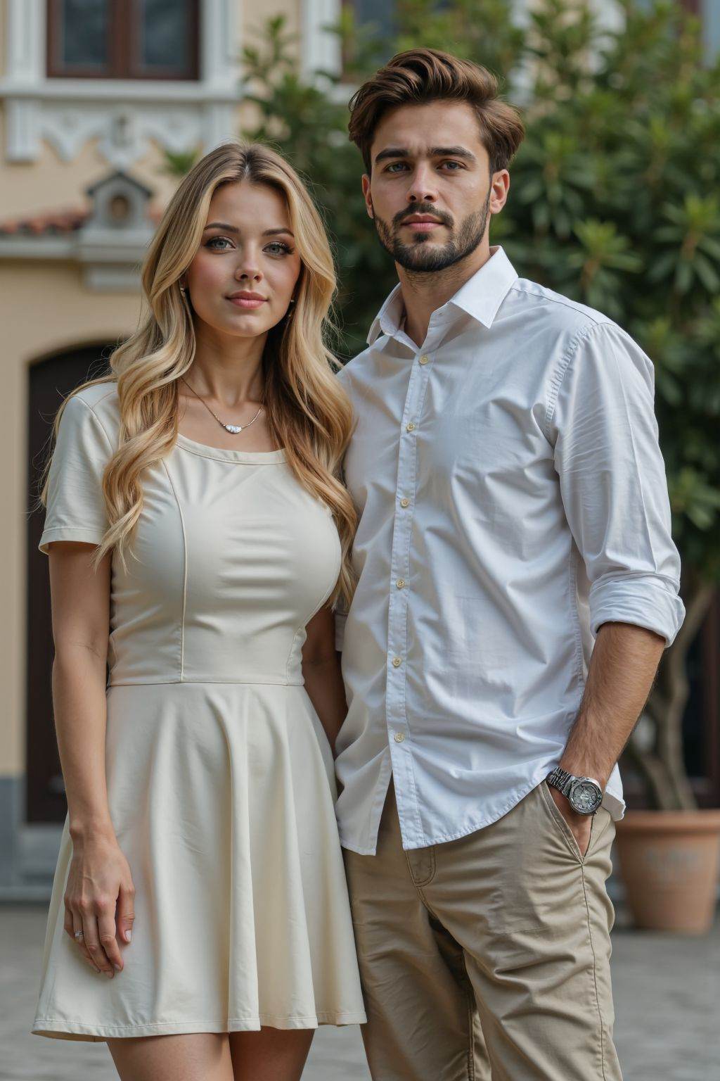 HDR photo of cinematic film still this is a young couple outdoors. The woman with long blonde hair, wears a light boatneck dress and skirt. Standing in front of the building,