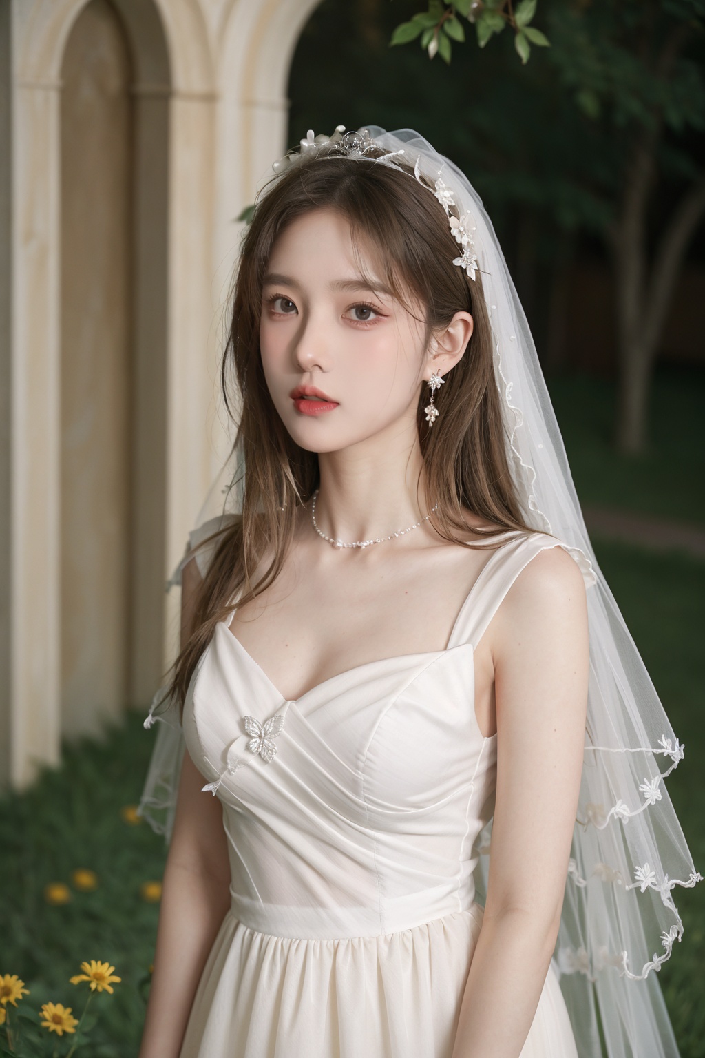 Best Quality,Masterpiece:1.4),(Realism:1.2),(Realisitc:1.2),(Absurdres:1.2),4K,(photorealistic:1.3),Detailed,Ultra-Detailed,1girl,church,lawn,outdoor,wedding,(whole body:1.4),gauze headscarf,((Huge chest)),(Long Wavy Hair),hunsha,veil,Earrings,Jewelry,(SunLight:1.4),Flowers,Hair Ornaments,<lora:YG梦中婚纱2:0.7>,