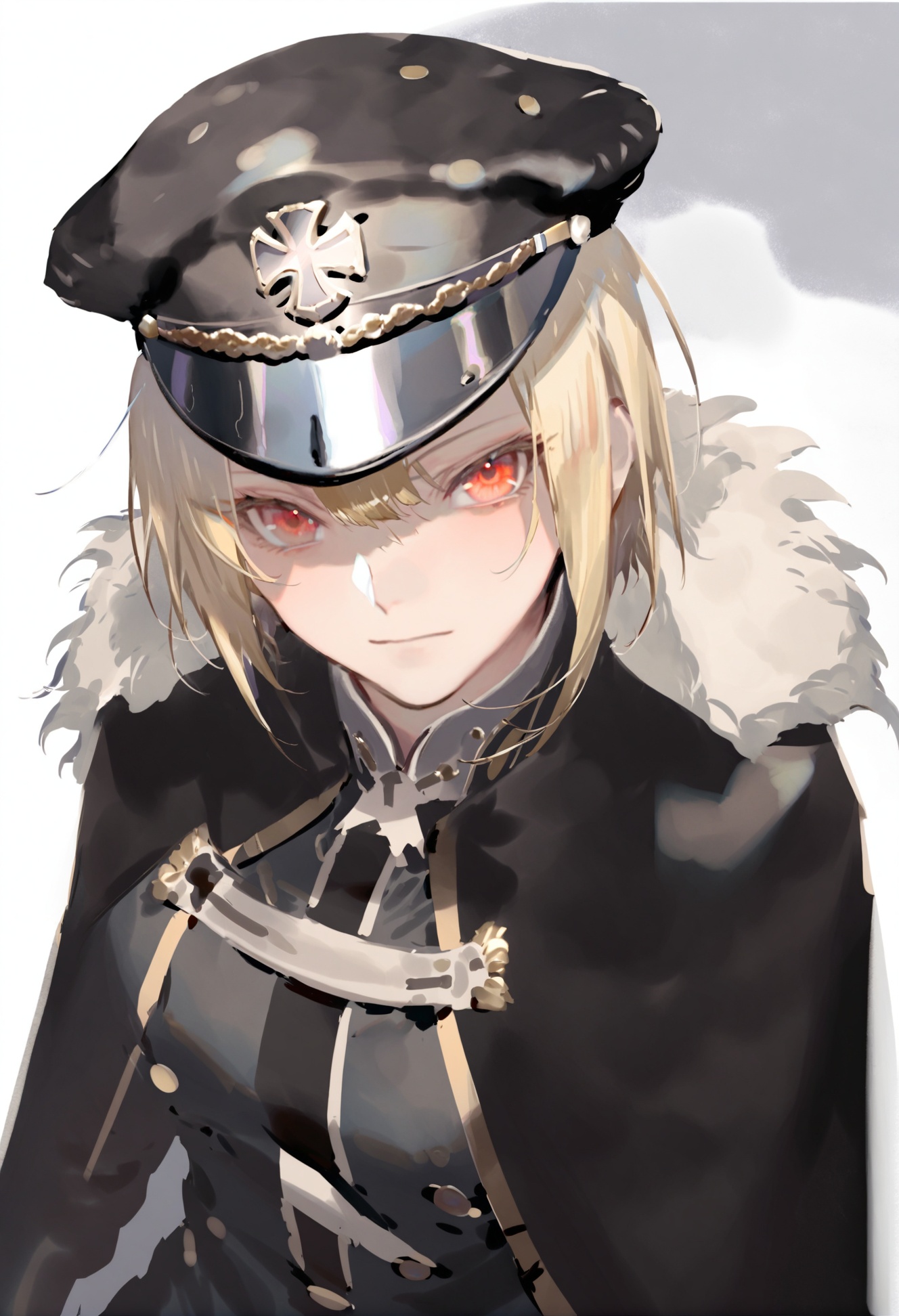 masterpiece, best quality, 1girl, hat, blonde hair, solo, red eyes, peaked cap, looking at viewer, fur trim, hair between eyes, black headwear, upper body, short hair, jacket, cape, bangs, uniform, military uniform, military, military hat, crossed bangs, iron cross  <lora:REIKOXLlokr8f:1>