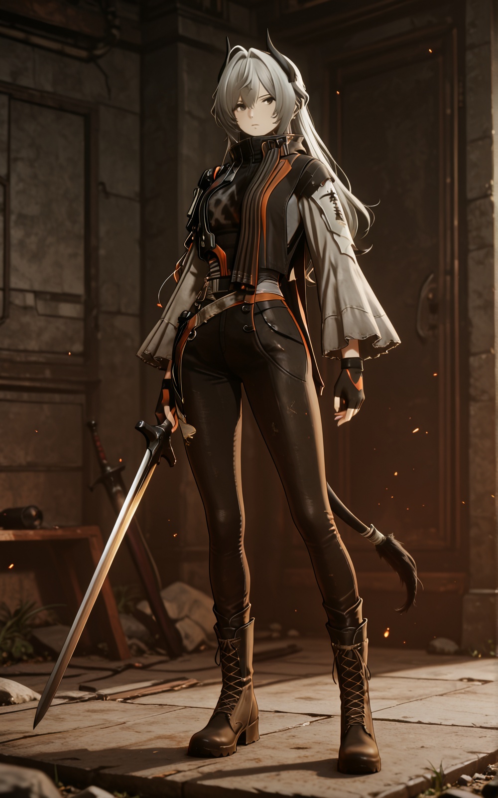 black horns + black tail,  silver-gray long hair,  black eyes on Tensor.Art