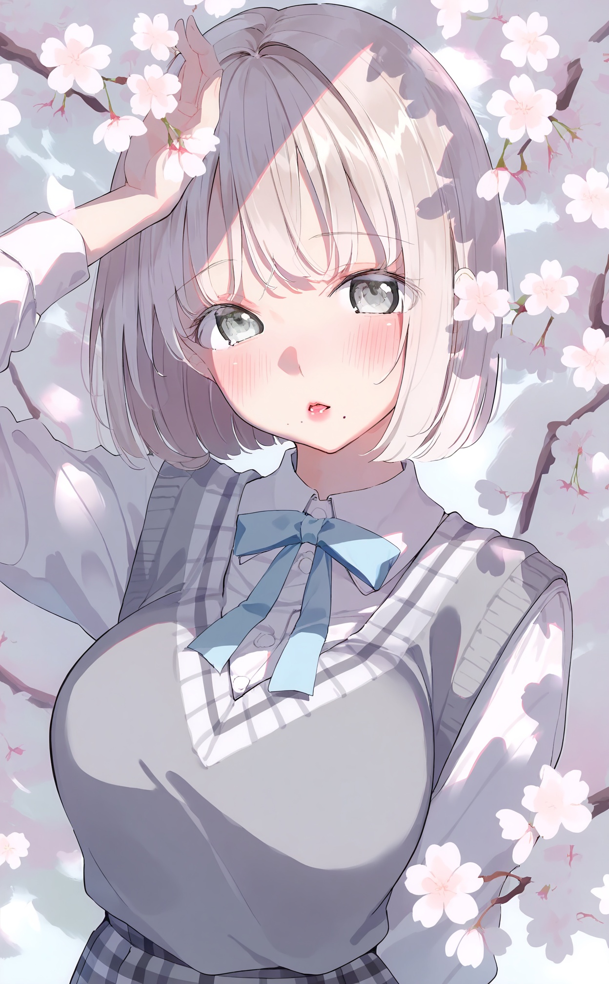 mmasterpiece,absurdres,best quality,petite,high quality,chromatic_aberration,//,1girl,solo,skirt,shirt,mole_under_mouth,looking_at_viewer,flower,cherry_blossoms,blush,mole,white_shirt,sweater_vest,short_hair,breasts,ribbon,white_hair,neck_ribbon,long_sleeves,collared_shirt,plaid,school_uniform,branch,parted_lips,grey_eyes,blue_ribbon,upper_body,plaid_skirt,grey_skirt,arm_up,large_breasts,green_eyes,bob_cut,dress_shirt,vest,bow,lips,sweater,//,<lora:kinako_(shiratama_mochi)——【noob】hans:0.95>,