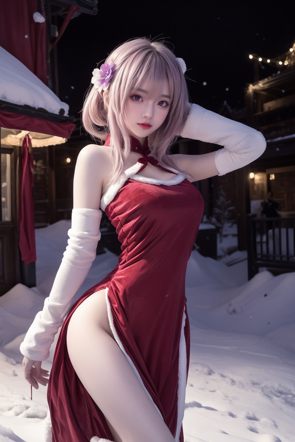 Astolfo,pink haur,purple eyes,femboy,Santa suit,background,snow,city,<lora:qipao:0.7>,qipao,Velvet,(flower:1.3),