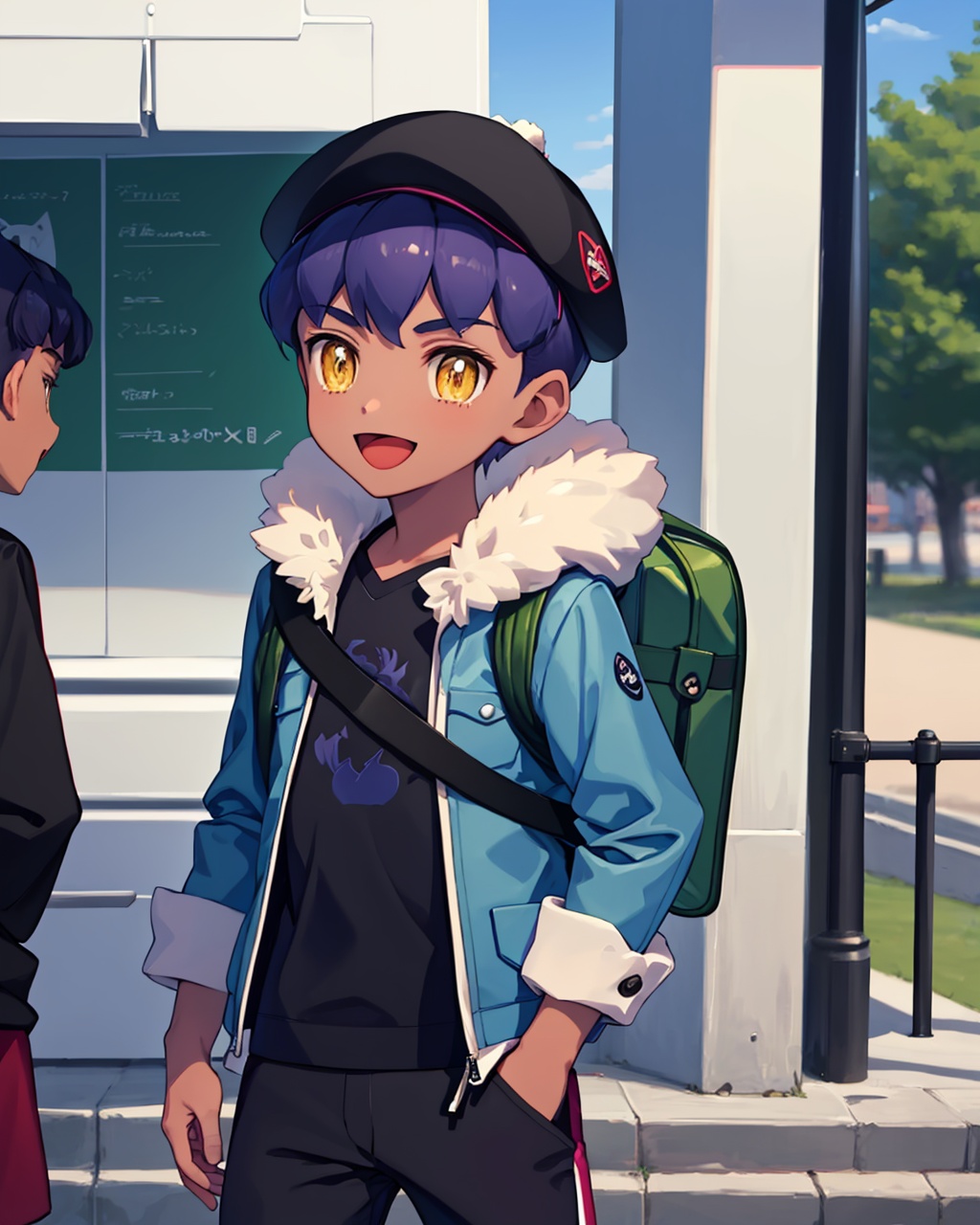 masterpiece,best quality, highly detailed, hop (pokemon),1boy, fur-trimmed jacket, dark-skinned male, open mouth, 1girl, black pants, green bag, standing, shoes, black shirt, sleeves past elbows, :d, blue jacket, green headwear, open clothes, backpack, hat, duffel bag, grey cardigan, tongue,<lora:hop_(pokemon):1>