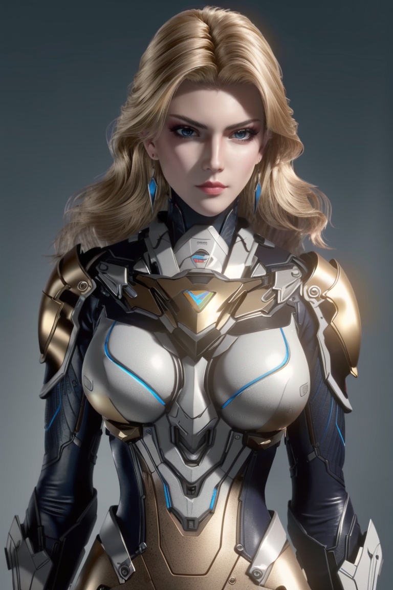 ((HRD, HUD, 8K)),((masterpiece, best quality)), highly detailed,1girl, solo, long hair, blonde hair, blue eyes, makeup, lips, earrings, jewelry, breasts, medium breasts, bodysuit, armor,simple background, white background, upper body, standing, looking at viewer, <lora:吞噬星空维妮娜·波莱纳斯_v1.0:0.7>