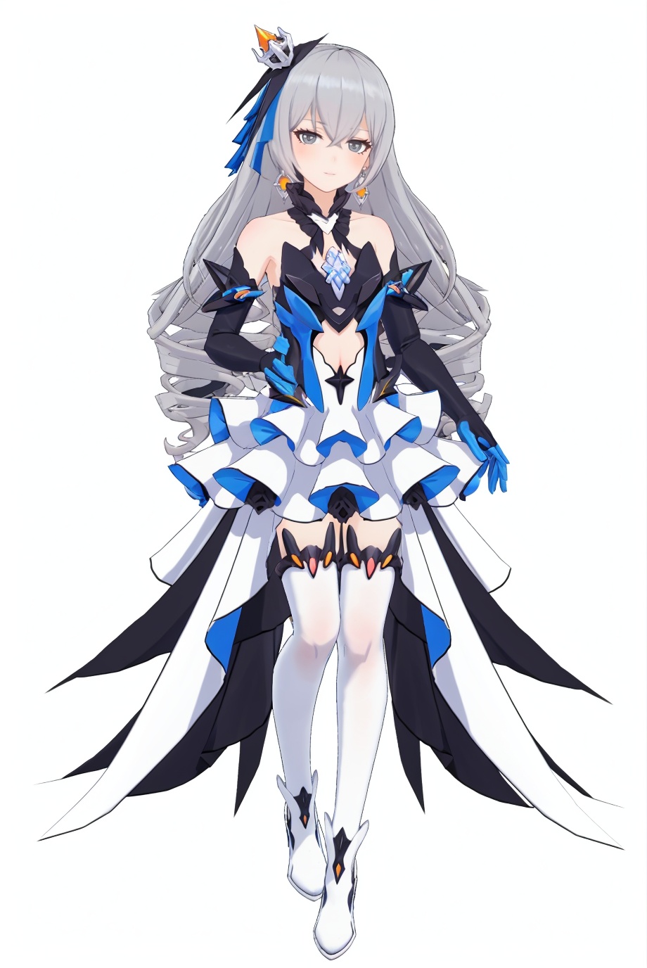 8k,best quality,masterpiece,(ultra-detailed),(high detailed skin),(by nanoless, by misumi \(macaroni\),:0.5),A full-body portrait of a young girl,standing gracefully,pastel art style,high-key lighting,shoujo manga influence,hd quality,delicate details,full body,full shot,standing,looking at viewer,(solo:1.2),simple background,(white background:1.2),<lora:BronyaZaychik-zhenli-sd-Tanger:0.8>,Bronya Zaychik \(Herrscher of Reason\),clothes: Herrscher of Reason dress,Herrscher of Reason white high heels,Herrscher of Reason crown,1girl,jewelry,earrings,long hair,drill hair,elbow gloves,bare shoulders,bangs,grey hair,grey eyes,white thighhighs,