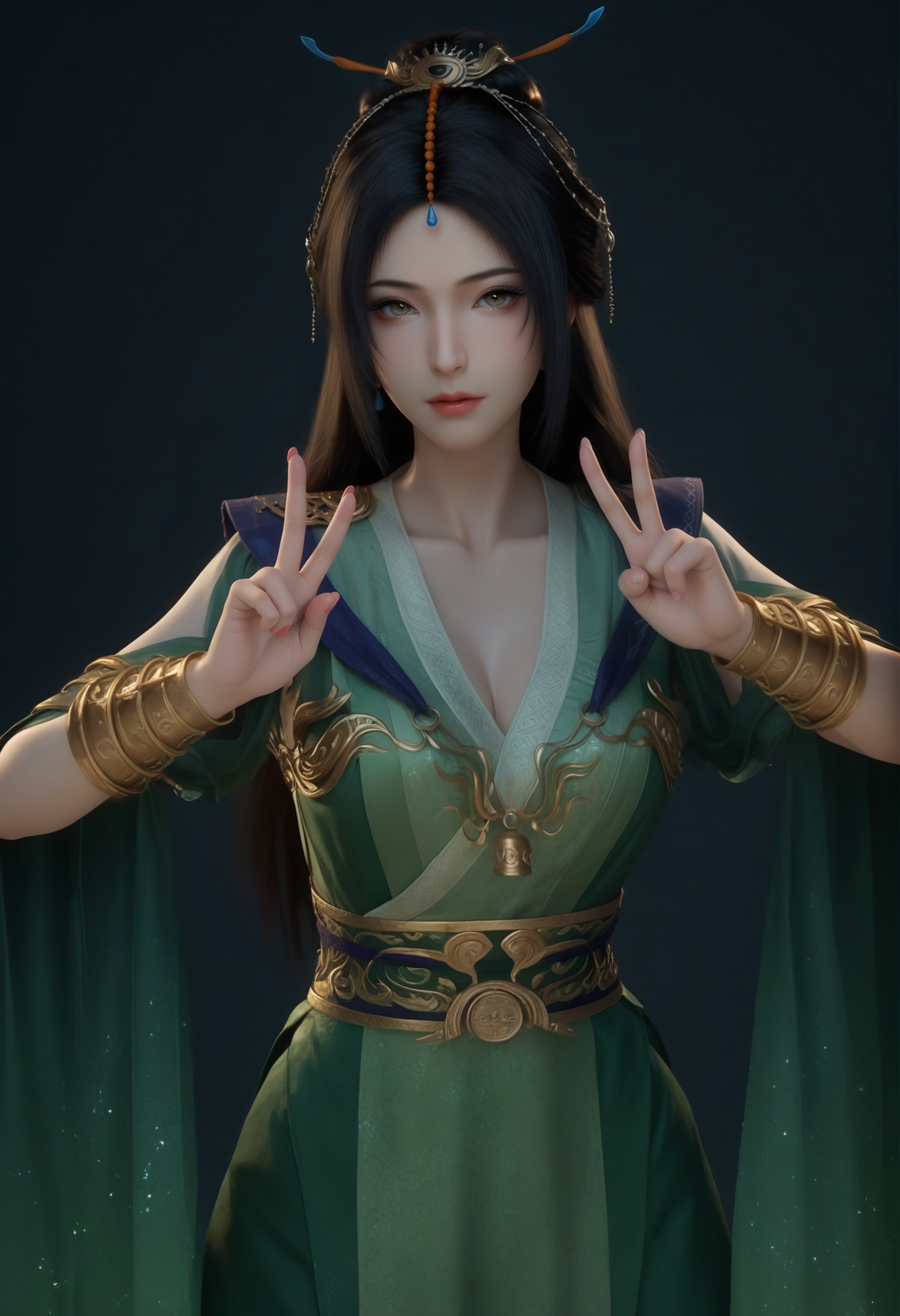 (score_9),<lora:柳玉-apony:0.83>,liuyu,1girl,solo,long hair,hair ornament,single hair bun,black hair,earrings,traditional dress,green_traditional dress,armlet,jewelry,waistband,chest bell,bracer,gold,(glamor),curvy,mature_female,collarbone,pointy breasts,puffy breasts,(large teardrop breasts),teardrop breasts,teardrop breasts,BREAK<lora:Expressive_H-000001:0.8>,light blush,Expressiveh,looking at viewer,front view,standing,(double v),dutch angle,dynamic_angle,BREAKsimple background,<lora:e色温:-0.25>,sparkle,4K ultra HD,sharp focus,high detail,high contrast,