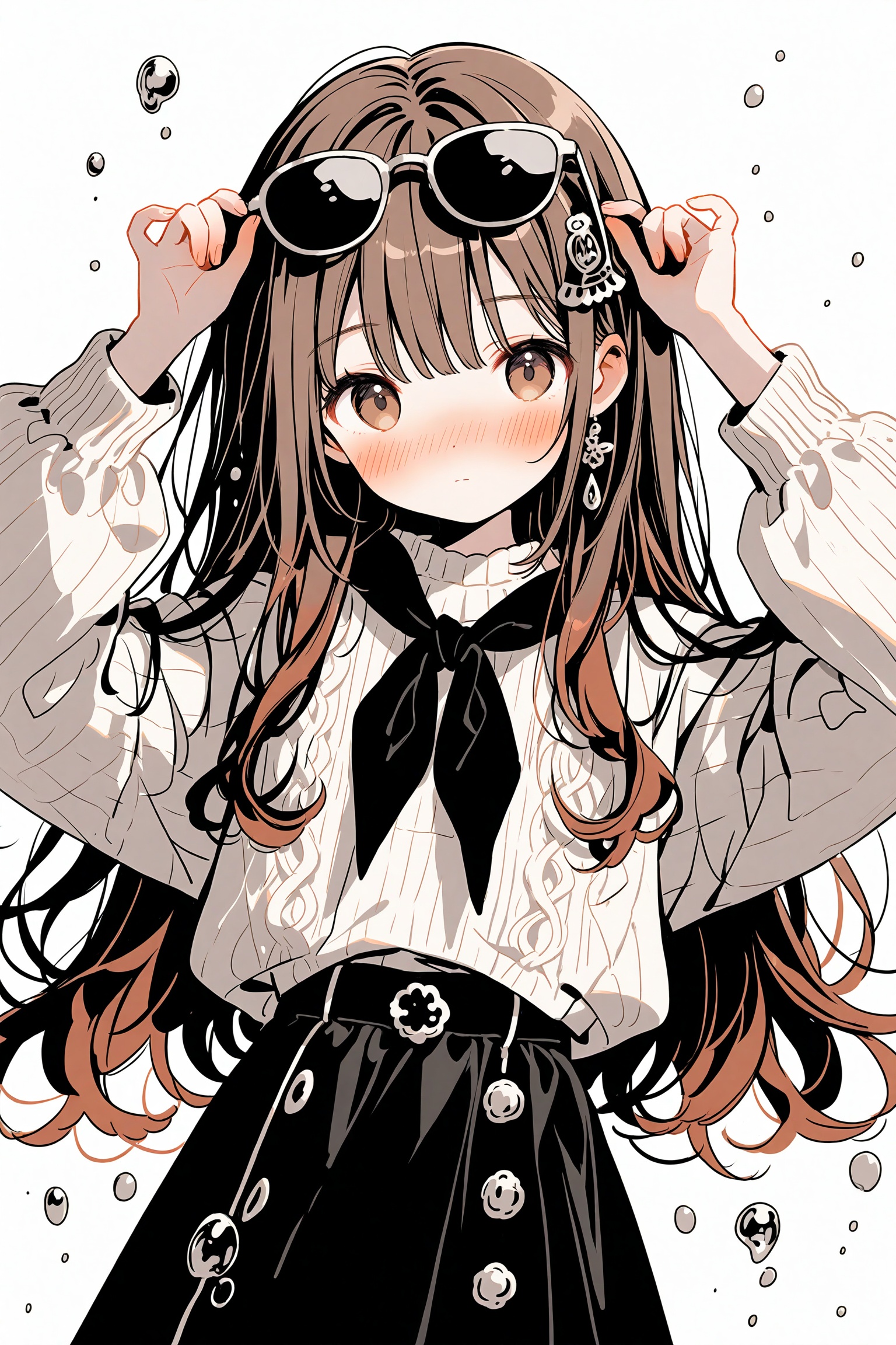 loli 1girl solo long hair brown hair white background bubble long sleeves simple background looking at viewer brown eyes arms up eyewear on head closed mouth shirt blush skirt very long hair upper body sunglasses black skirt puffy long sleeves puffy sleeves water drop white shirt high-waist skirt adjusting eyewear round eyewear air bubble neckerchief monochrome hair ornament sweater buttons expressionless multicolored hair hands up cowboy shot breasts,<lora:lp23-000051:0.8>,